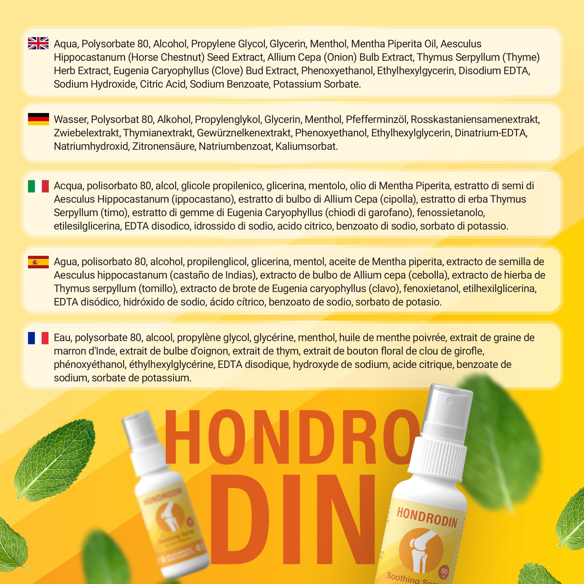 HONDRODIN Joint Health Spray 50 ml, spray massaggiante per zone articolari, supporta il comfort della pelle, aiuta a mantenere l'elasticità e la flessibilità cutanea, assorbimento rapido