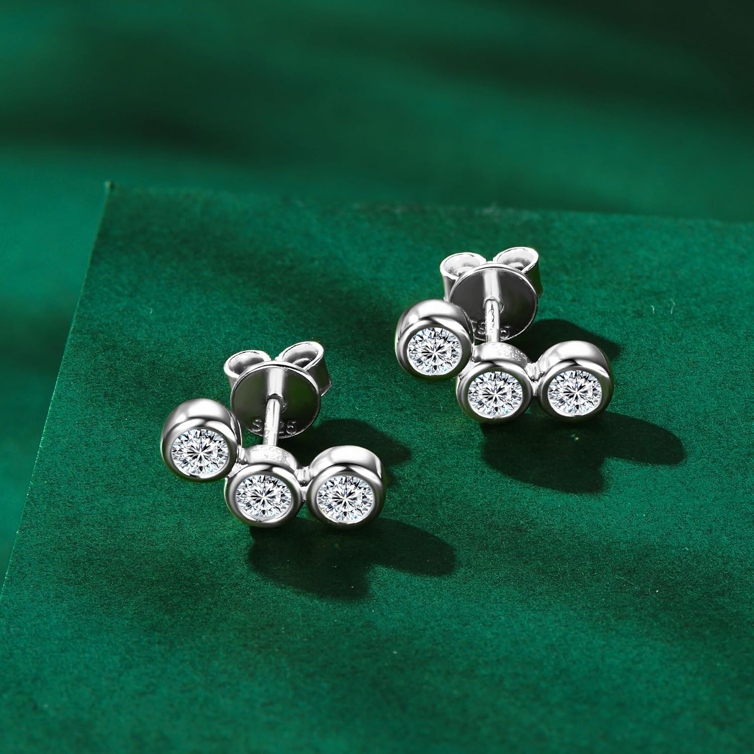 3-Stones Bezel Stud Earrings, 0.6cttw D Color Round Cut Moissanite, 925 Sterling Silver Earrings Elegant Jewelry Gifts for Women, Wife, Mom - Image 3