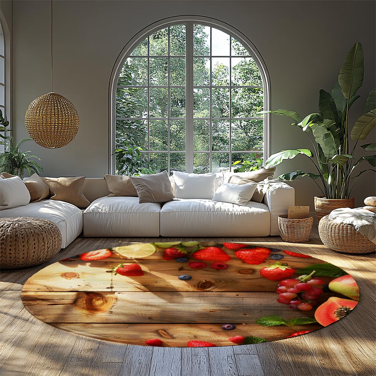Tapis au design neutre d’inspiration vintage rond 100cm en tissage fin