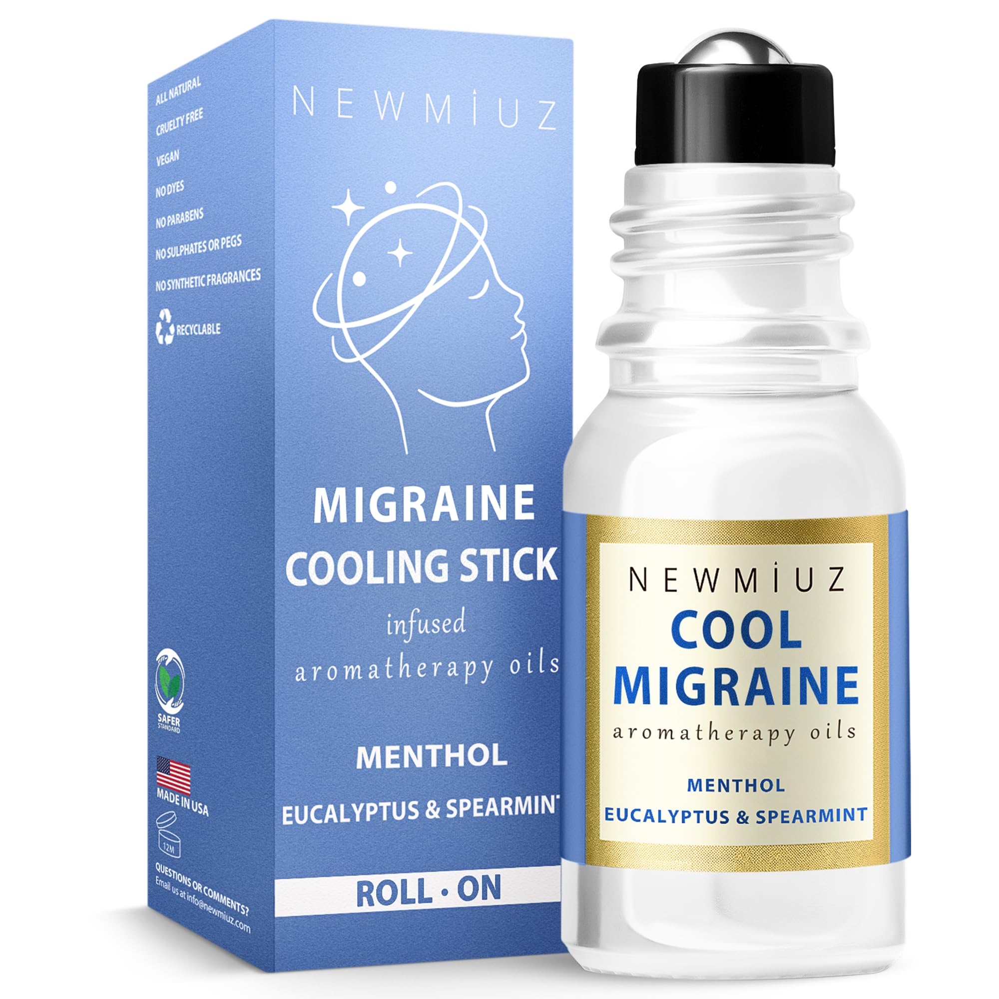 Cool Menthol Migraine Roll on Stick Natural Fast Cooling Peppermint Eucalyptus Aromatherapy Essential Oil for Headache Perfect Selfcare Gift Men Women