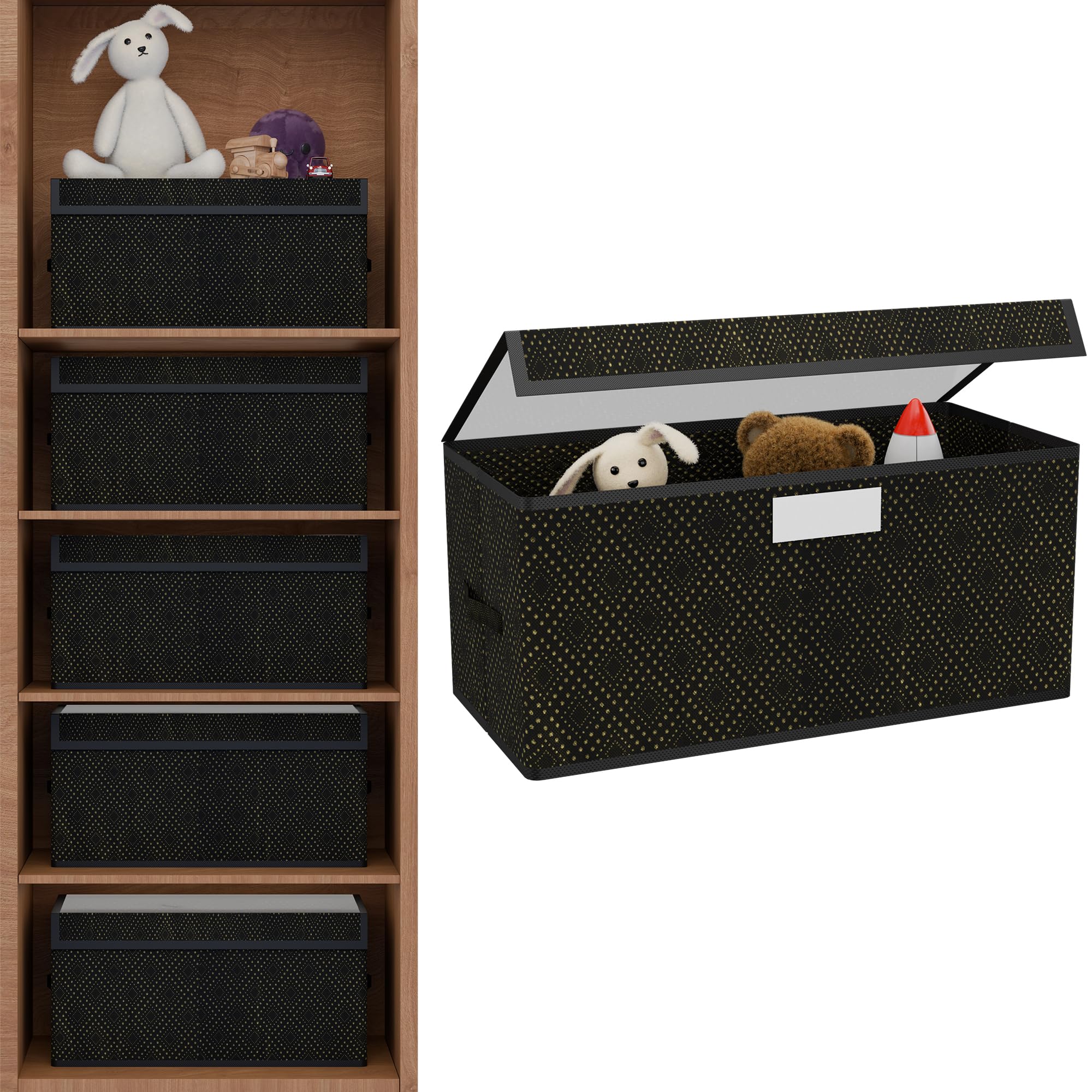 Kuber Industries Storage Box with Transparent Lid | Closet Organizers for Toys & Book Storage | Foldable Almirah Dress Organizer | Cupboard/Wardrobe Drawer Organiser | Medium - Printed | Black
