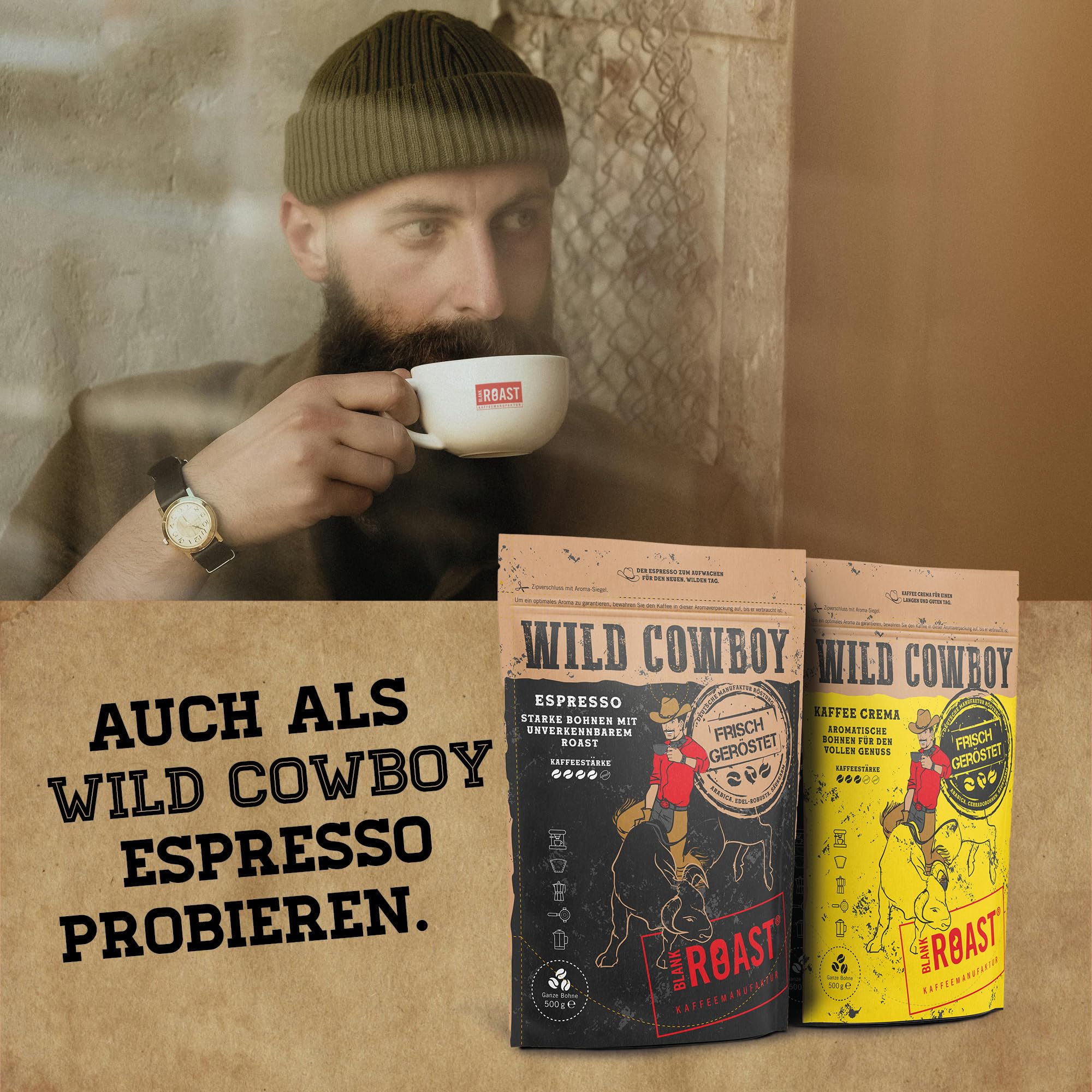 Blank Roast - Wild Cowboy Kaffee - Kaffeebohnen 1kg (3er Pack) - mit Hickoryholz geröstet - Ganze Kaffeebohnen aus Brasilien & Uganda - 100% Arabica-Blend mit schokoladigen Nuancen - säurearm