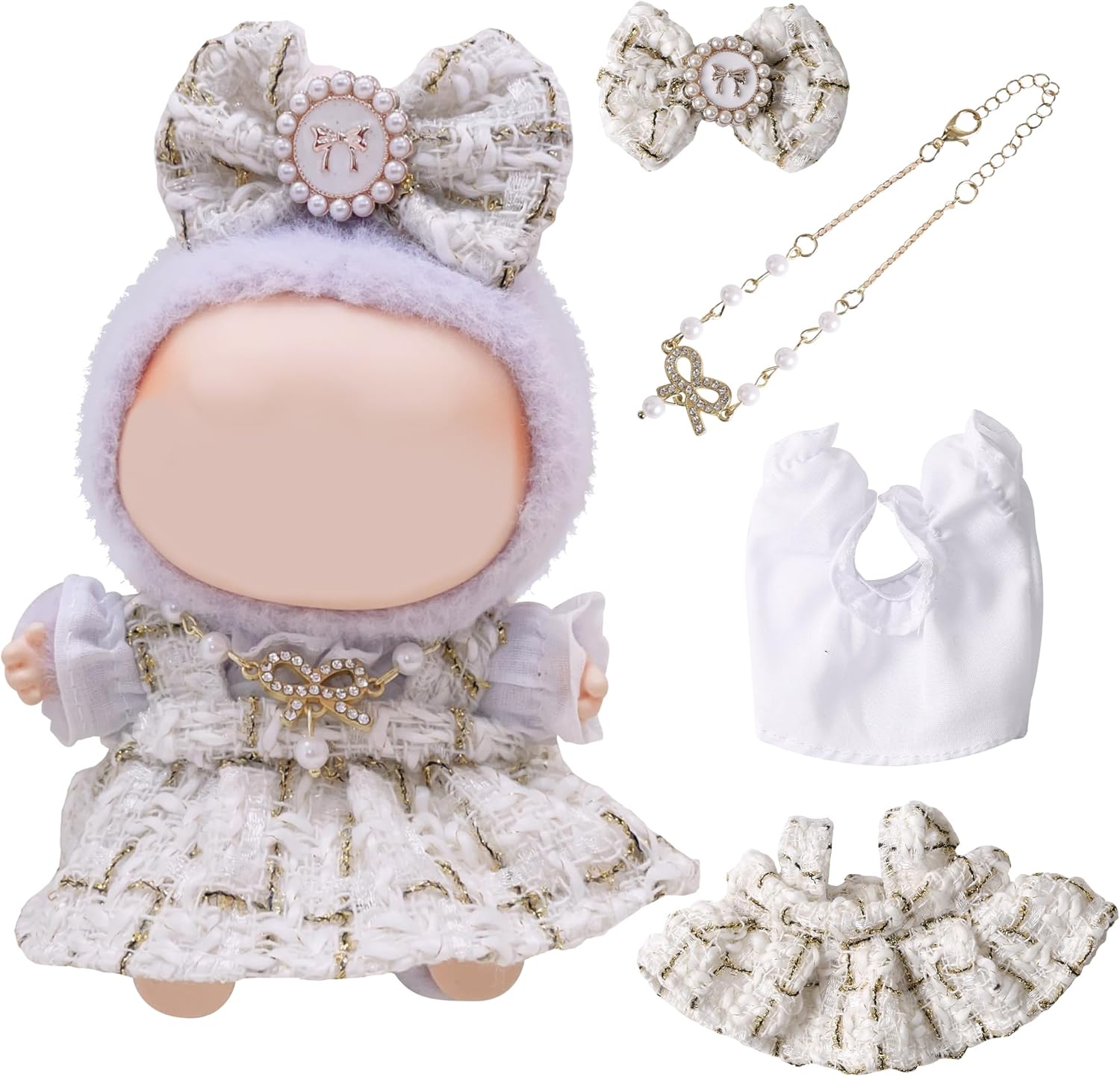 Doll Clothes for Labubu Clothes, 4-Piece Luxury Chic Outfit for Labubu Accessories Suit,Fashion Overalls with Accessories for 17cm/15cm Dolls Outfits Set &Women Gifts-Golden(NO Doll)