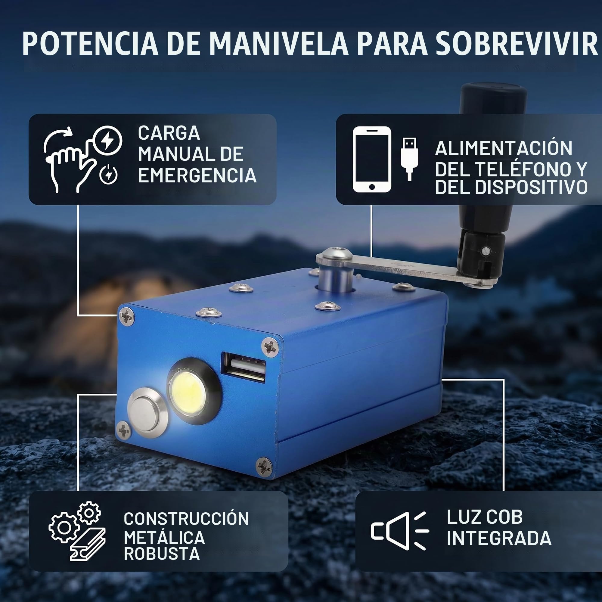 Cargador de Teléfono con Manivela Portátil de Dínamo Manual de Alta Potencia con Luz COB para Camping de Supervivencia de Emergencia