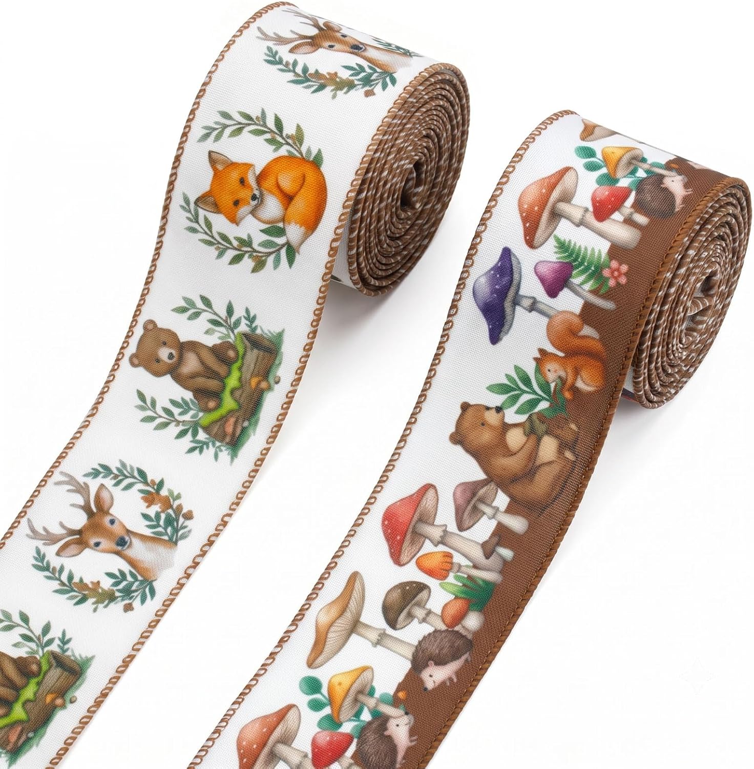 2 Roll 10 Yards Woodland Animal Ribbons, 2.5" Forest Mushroom Wired Edge Burlap Ribbon Bbay Shower Ribbon for Holiday Party Home Decoration Gift Wrapping Supplies DIY Crafts Wreaths Bow