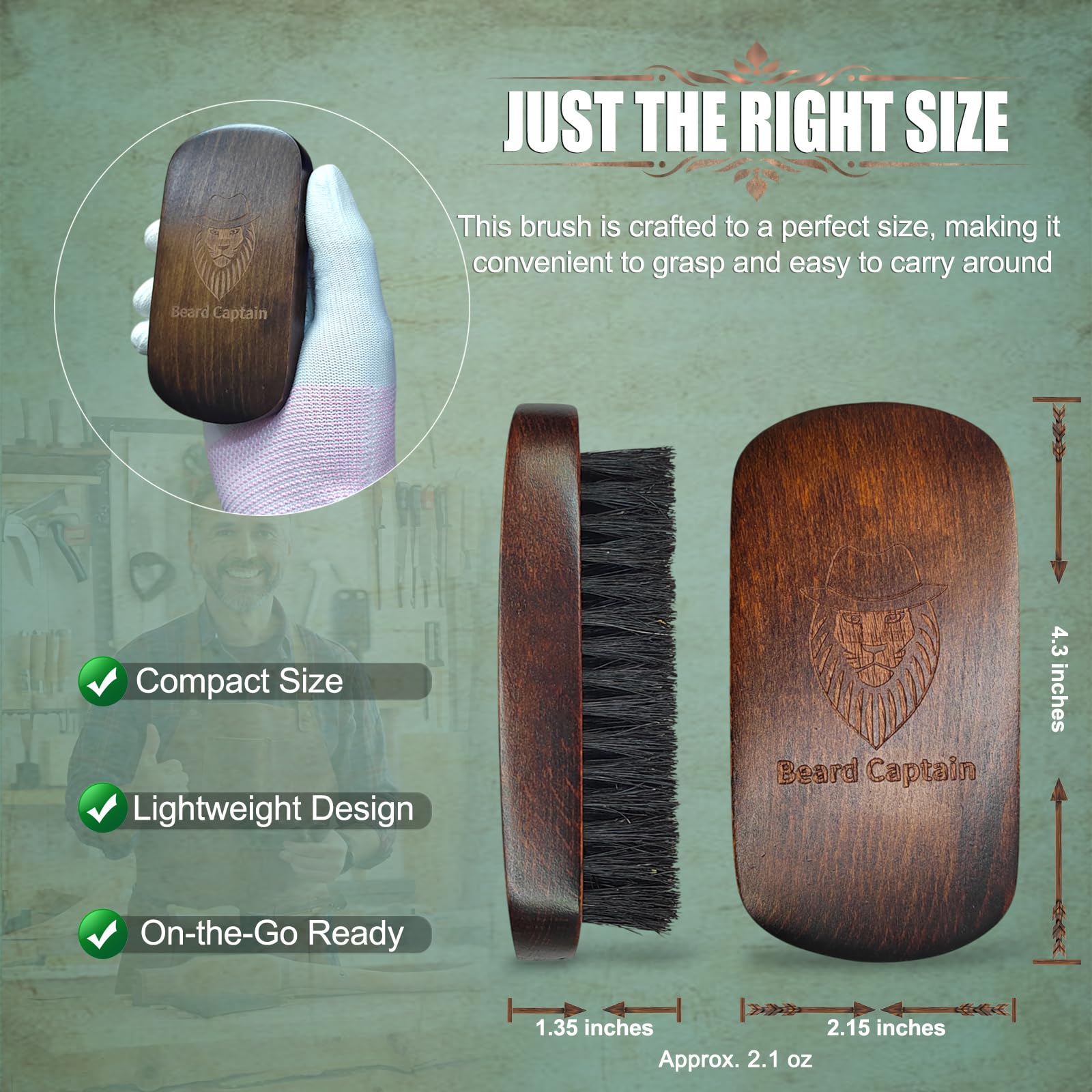 Cepillo de barba para aseo masculino, mango de madera rectangular retro con cerdas de jabalí 100% limpieza facial y bigote