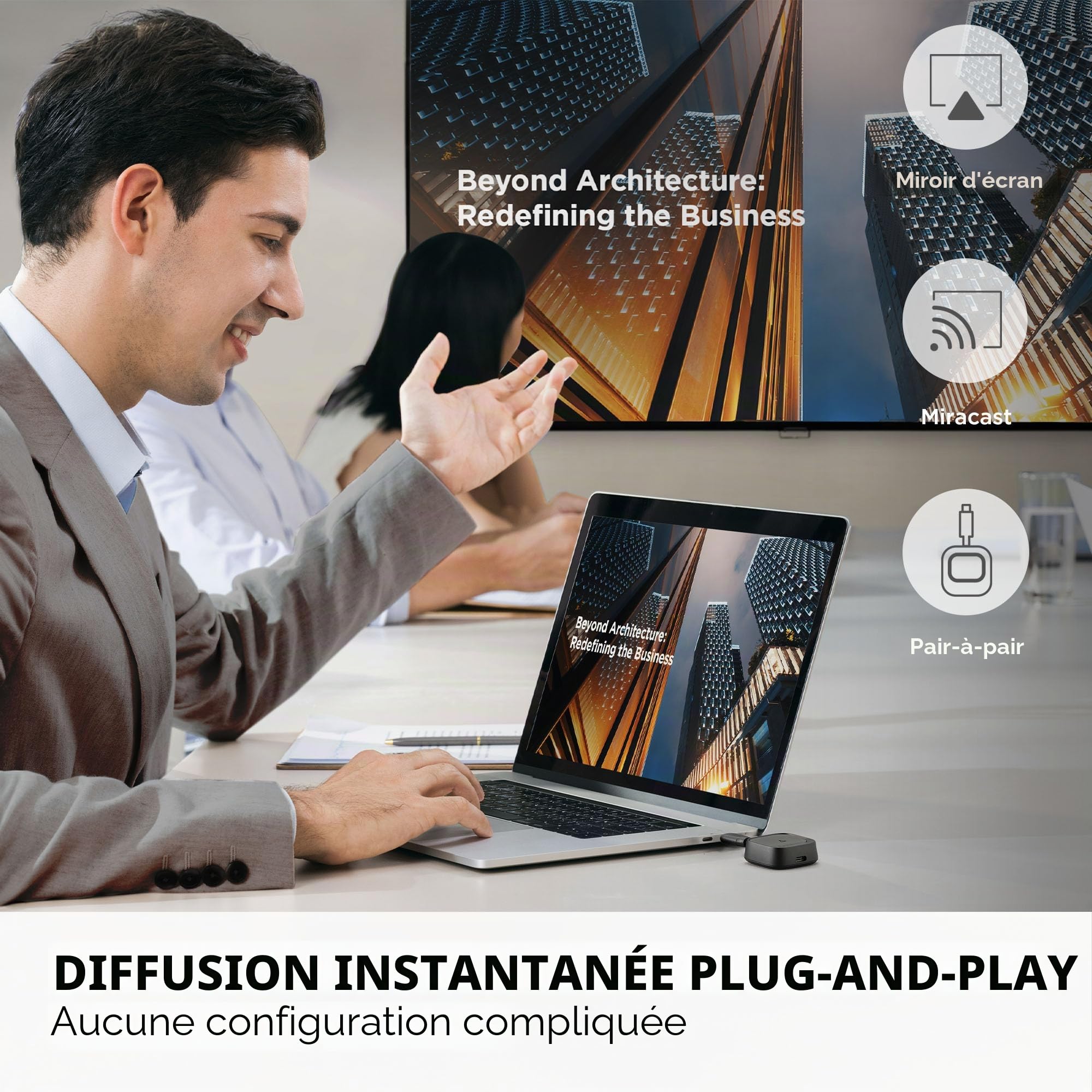 ViewSonic WPD-900 Kit de Diffusion Écran sans Fil, Partage d’Écran 1080p Full HD, Chargement USB-C, Compatible Miracast & AirPlay pour Entreprises & Éducation