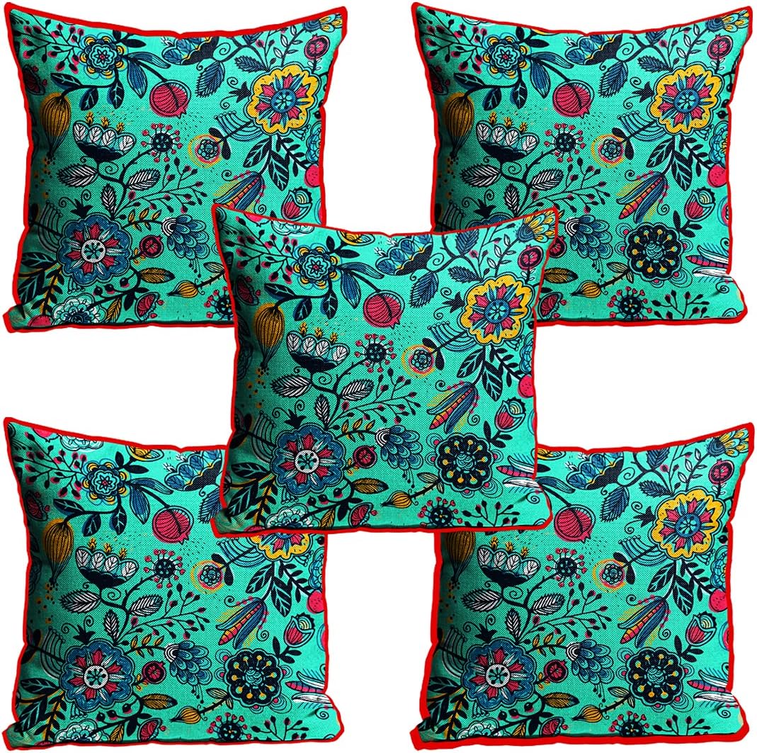 MUKESH HANDICRAFTS Jute Fabric Printed Decorative Throw/Pillow Covers, Cushion Covers for Living Room, Bed Room, Sofa,Chairs Pack/Set of 5 (Multicolour, Size 16 x 16 Inches)