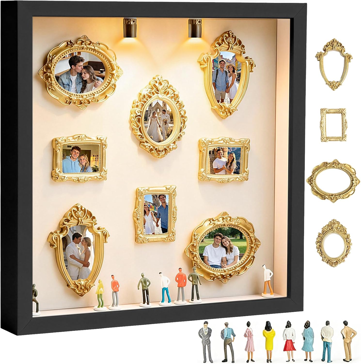 DIY Mini Museum Silhouette Box, Personalized Photo Family Memory Display Case Shadow Box Frame Kit with Gold Miniature Museum & Figurine, Gift for Anniversary, Wedding, Birthday, Home Decor (Black)