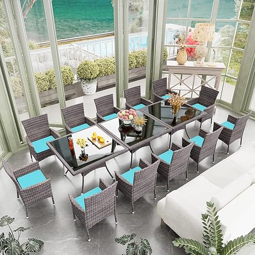 Miniatura 33 de Juego de 10 piezas de comedor para patio al aire libre, mesa de patio y sillas de ratán con agujero para paraguas, juego de mesa de comedor para 8