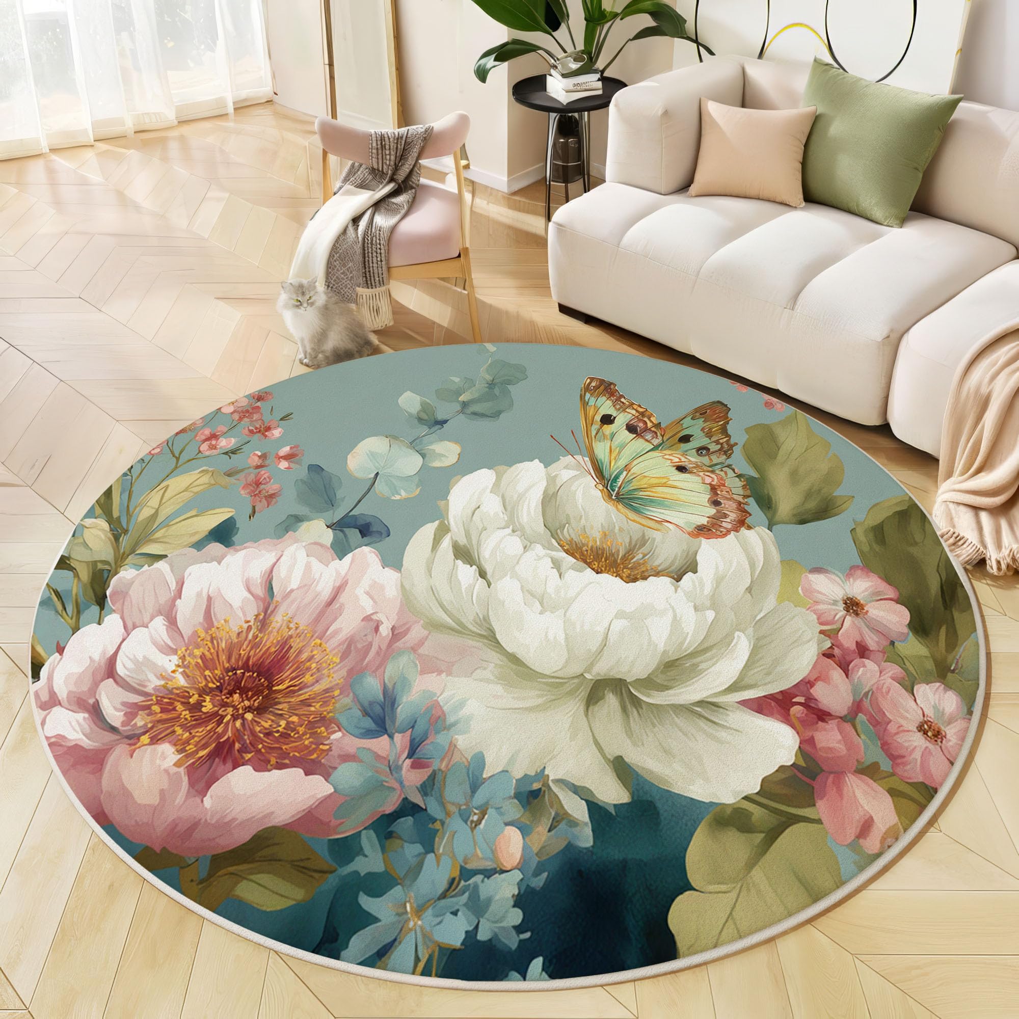 Tapis rond aquarelle bleu clair 140cm floral pour salon et chambre