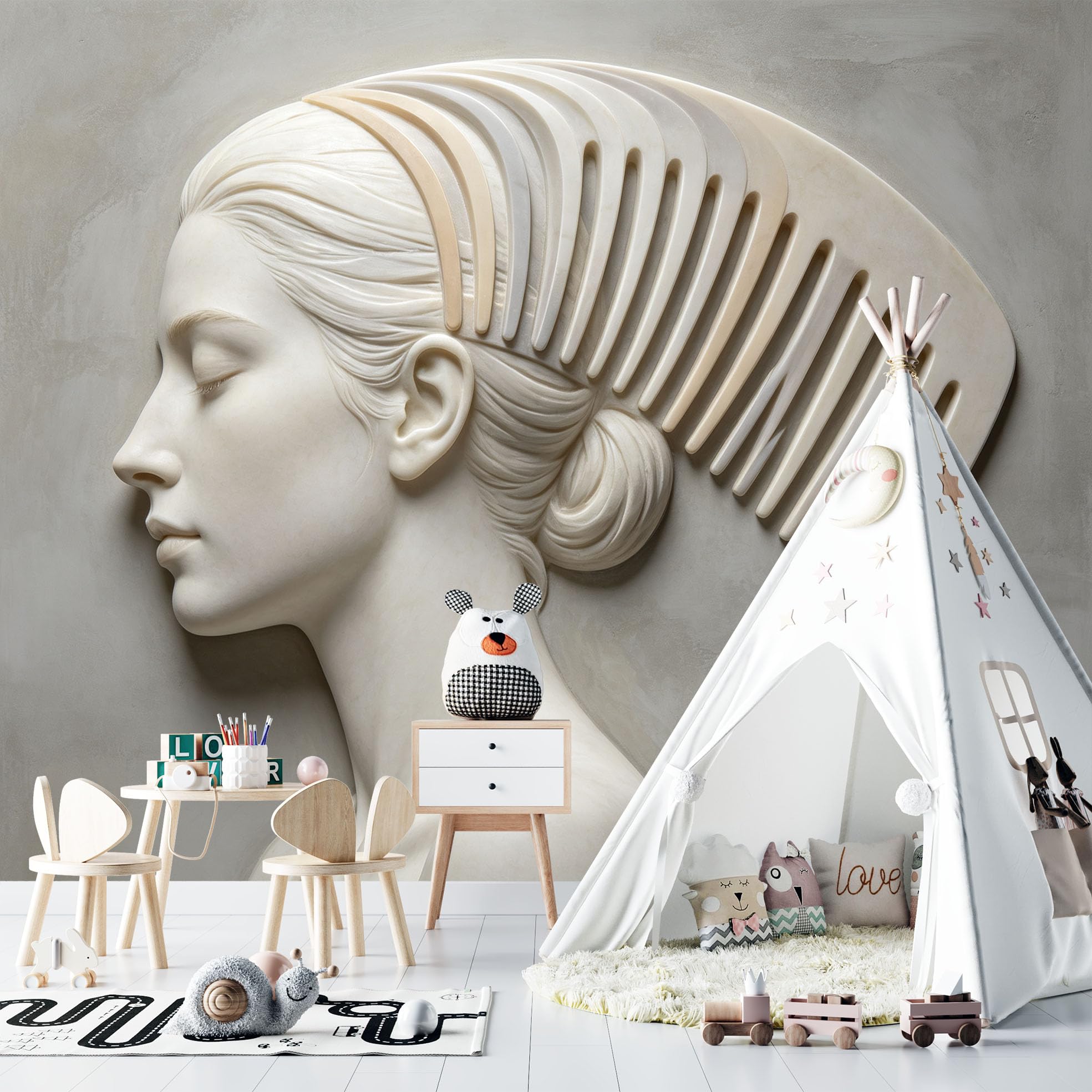 Fototapete Relief Effect Frauenprofil mit Riesigem Kamm Wandbild Tapete Nicht Gewebte 159 x 280 cm 3D Fototapete Abstrakte Wandkunst für Wohnzimmer Schlafzimmer Hintergrund Wohndekoration