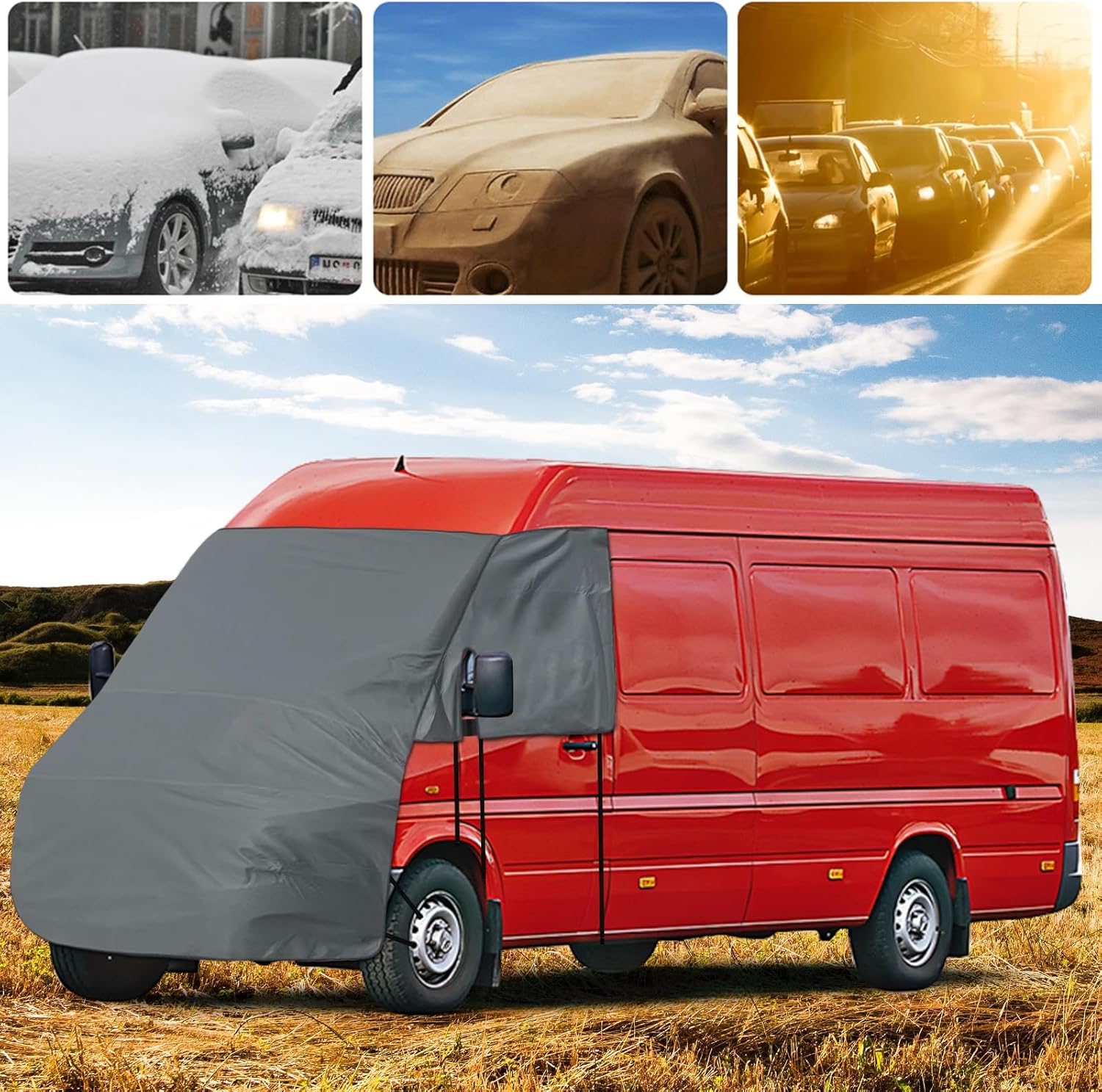 Windshield and Engine Sunshade Cover Compatible with 2006-2018 Benz Sprinter, for UV Protection & Privacy Shield, Gray with Mirror Cutouts