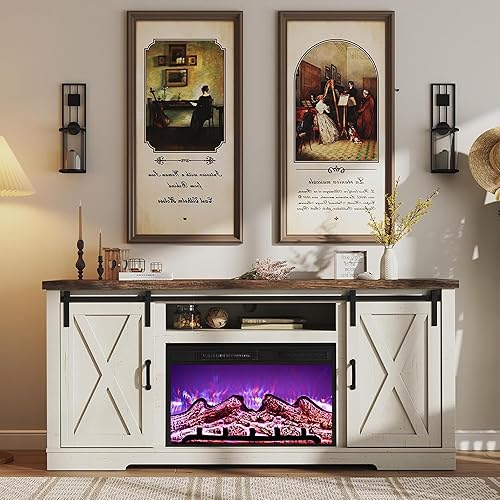 Miniatura 3 de AMERLIFE Soporte de TV con chimenea con puerta corrediza de granero para televisores de hasta 73 pulgadas, centro de entretenimiento con chimenea de