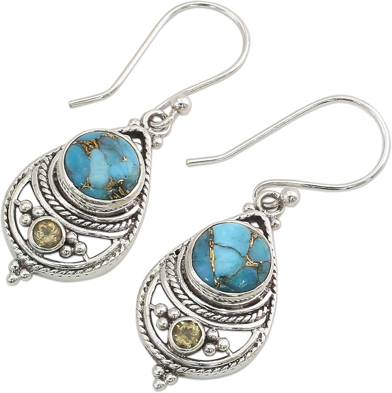 NOVICA Handmade Dangle Earrings | Citrine Jewelry | Artisan Sterling Silver | Turquoise Stone | Birthstone | Long French Hook Wire | Hypoallergenic Drop | Jade Dangle | Dimensions 1.6"L x 0.7"W x