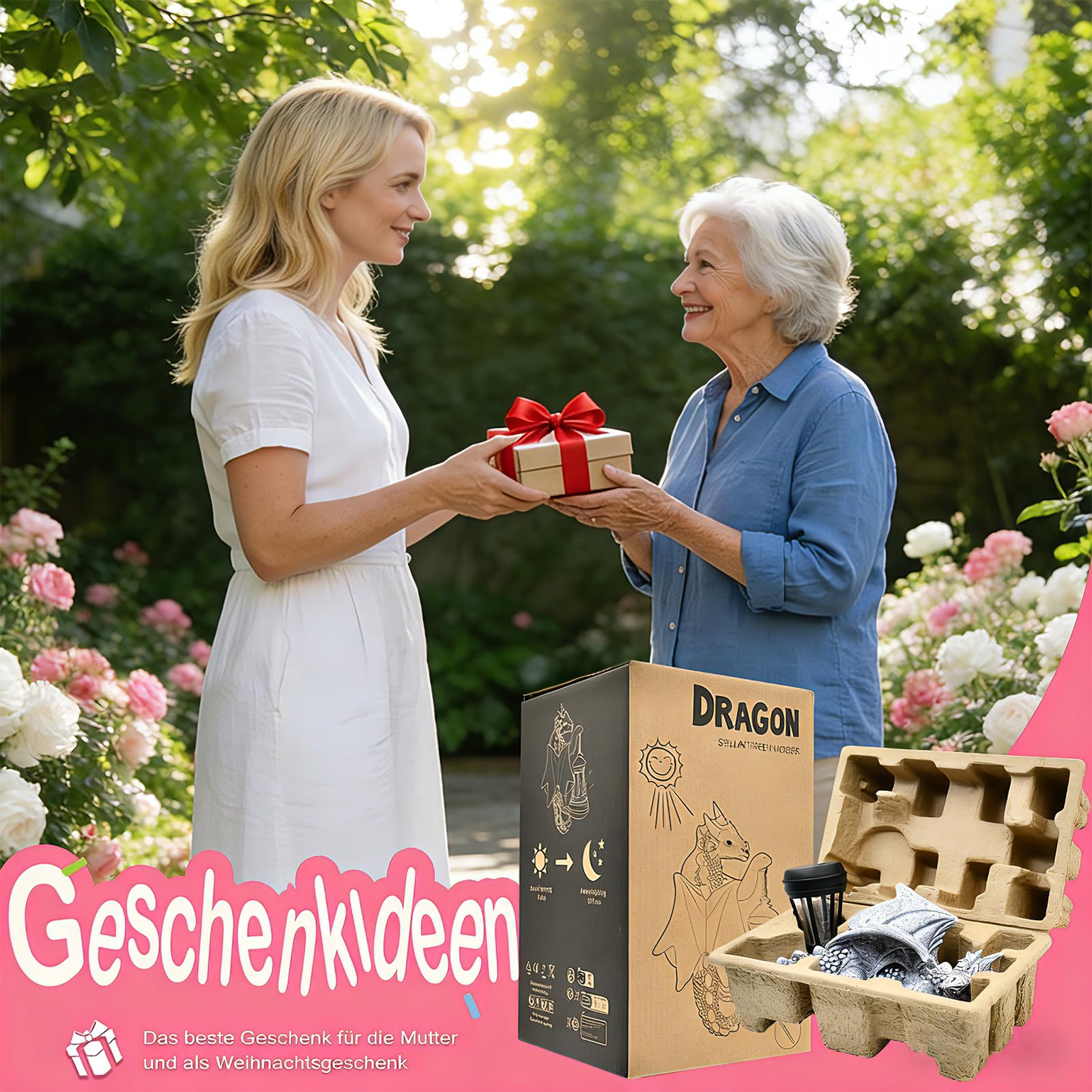 Yeomoo Drachen Figuren mit Solarlampen Baumstamm Gartendeko für Draußen: Lustige Drachen Gartenfiguren Deko mit LED Solar Lichterkette Aussen Geschenke für Männer/Frauen Garten Zaun Baum Zubehör Grau