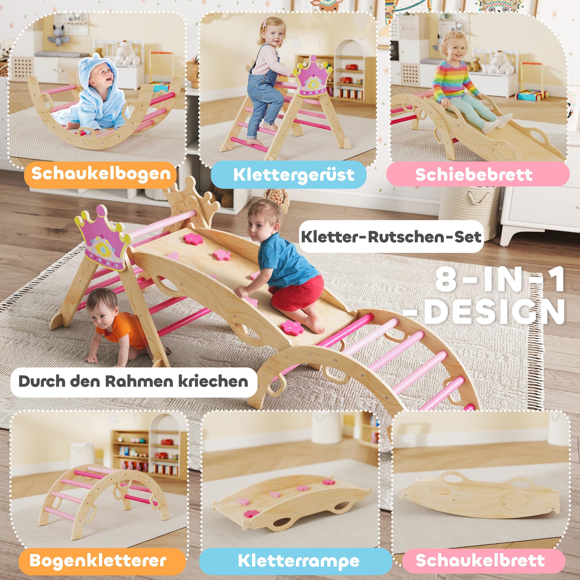 AIYAPLAY 8-in-1 Montessori Klettergerüst Indoor Holz Kletterdreieck mit Kletterbogen, Rutsche, Kronenmotiv, Indoor Spielplatz mit Rampe, Schaukelbogen, für Kinder von 1,5-4 Jahre, Rosa