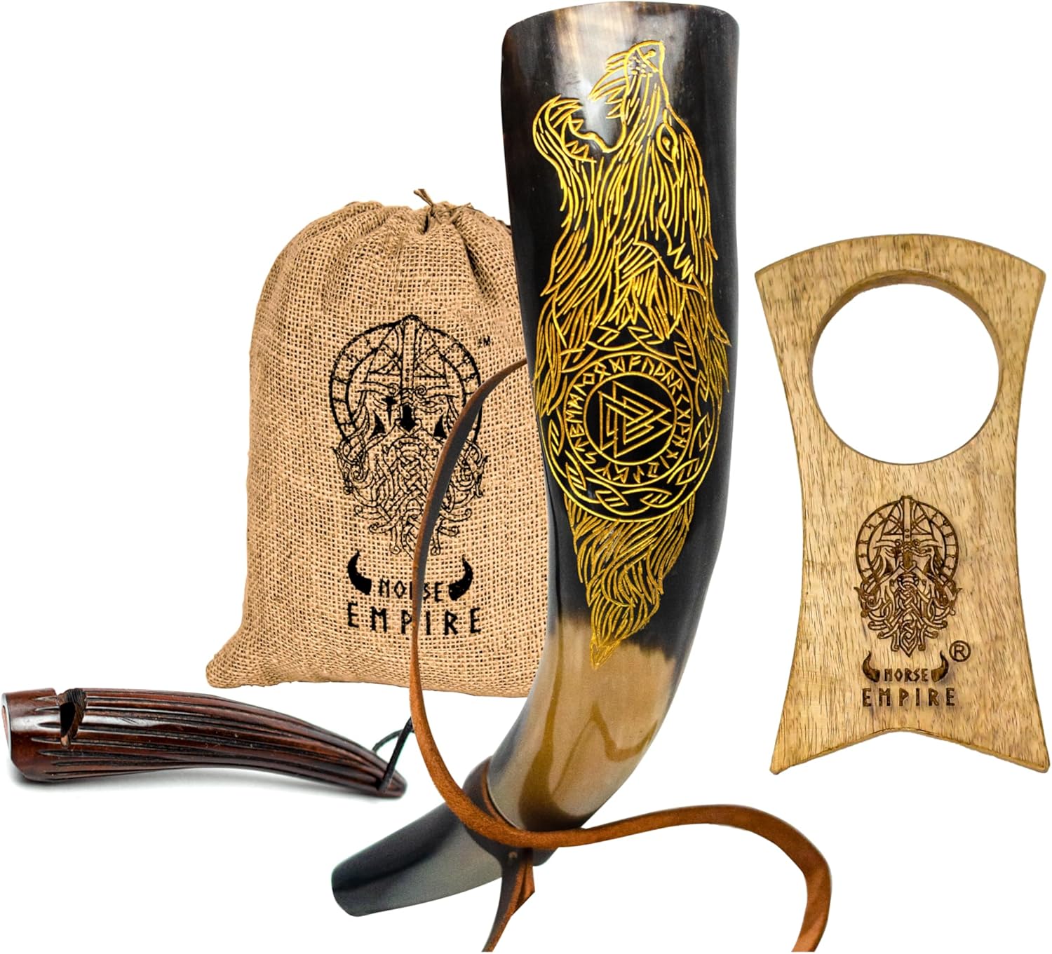 Viking Rustic Blowing Horn Set with Wooden Stand & Whistle Authentic Tribal-Style Decor & Instrument Battle Trumpet Crafted from Authentic Premium Ox Horn…