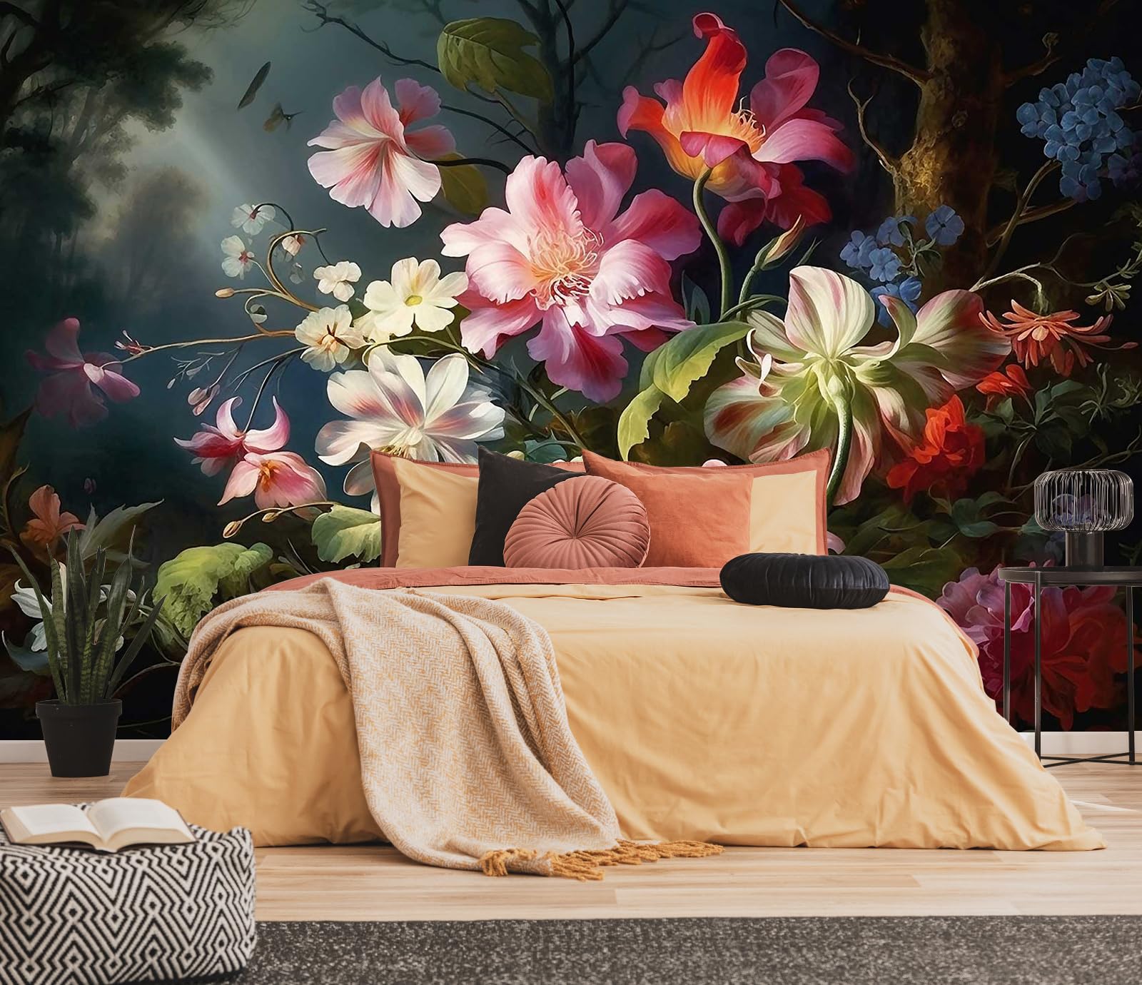 Toolhom Colorful Floral Wallpaper Illuminated by Hazy Moonlight, Natural Landscape Flower Mural, Decorative Background wall Mural（Non-self-Adhesive）