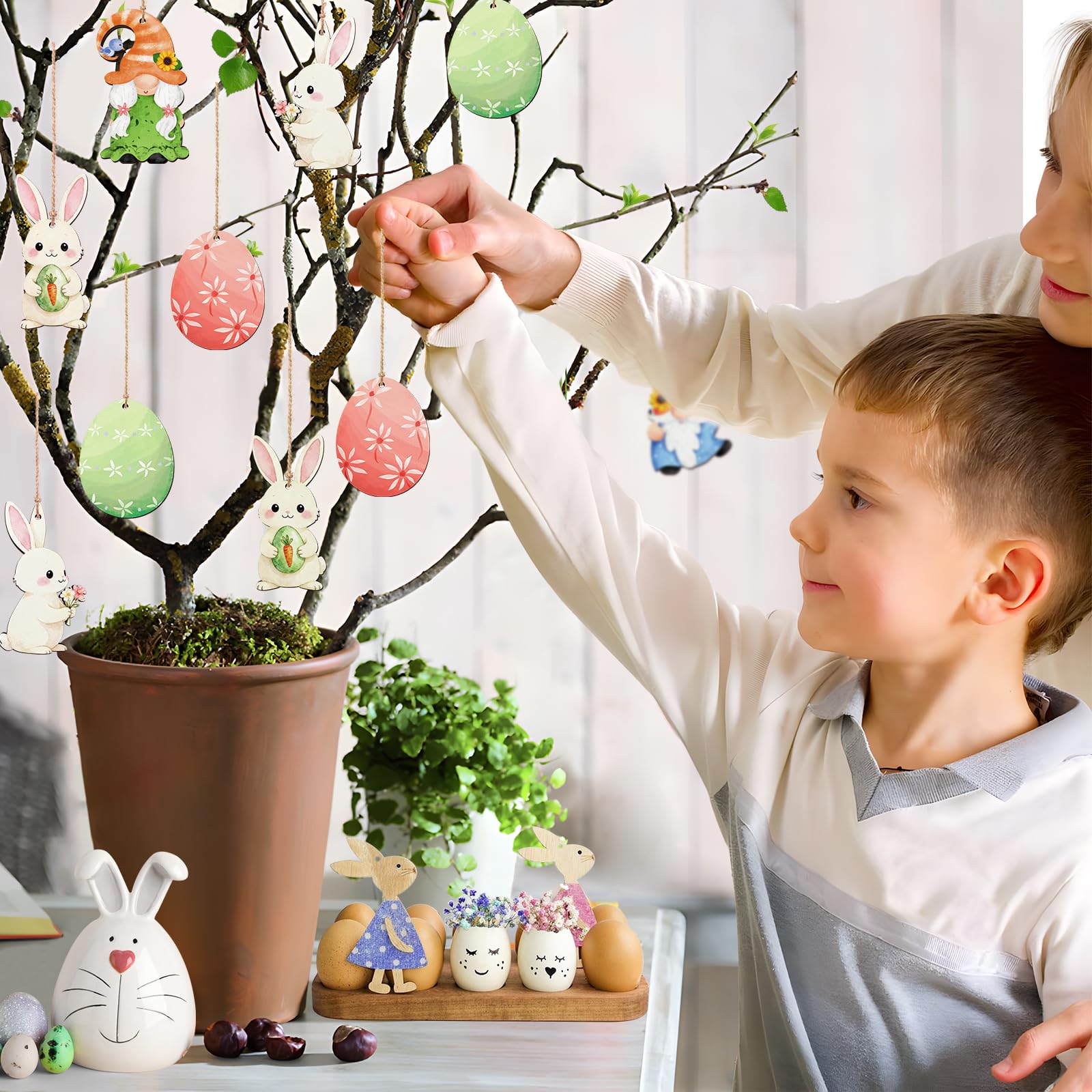 Ostereier zum Aufhängen Draussen Osterdeko Holz, 12 Stück Osterdeko zum Aufhängen Osterhase Ostereier Deko, Frühlingsdeko Osteranhänger, Osterdeko Modern Innen Fenster Hängend Bastelset für Frühlings Spielzeug