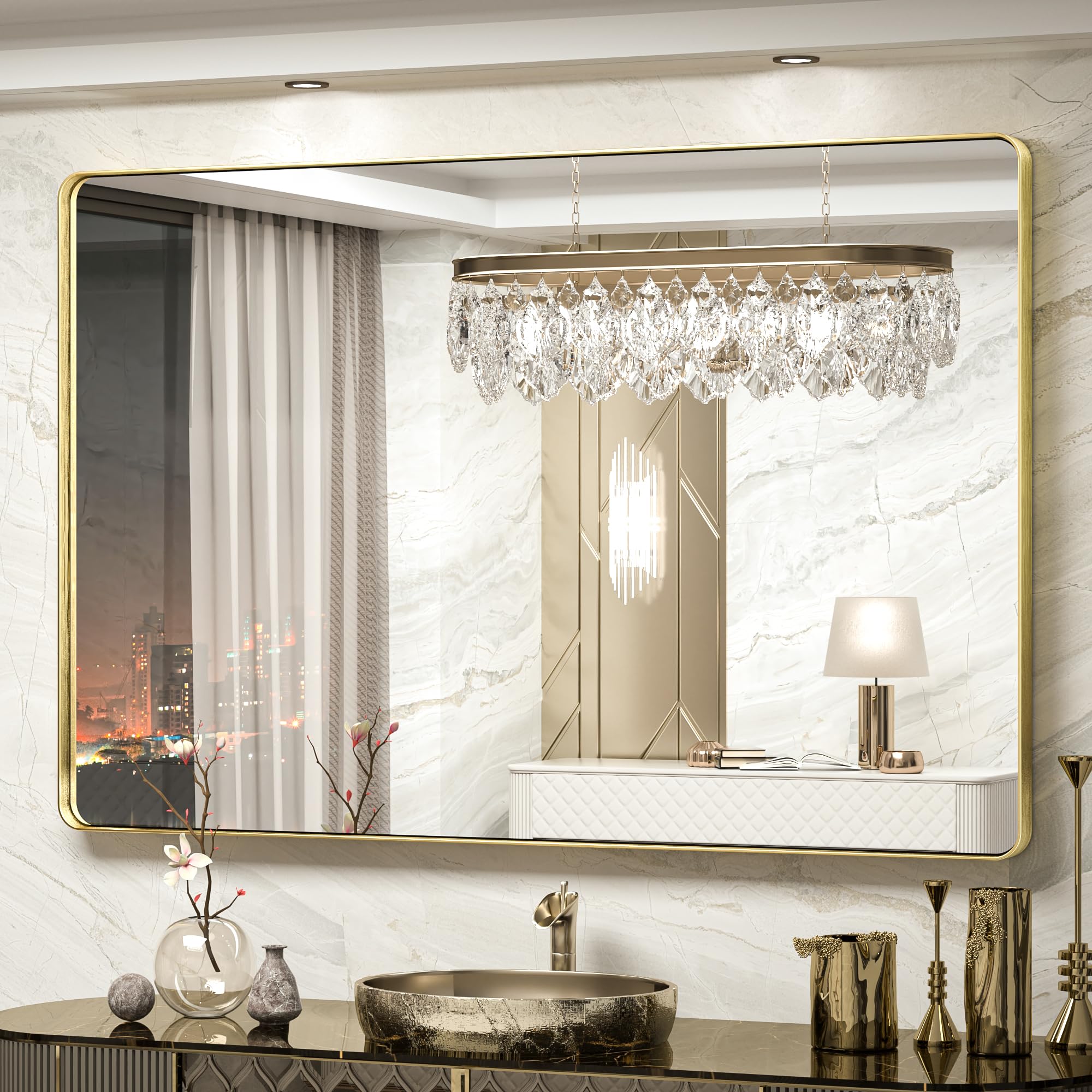 TokeShimi 55 x 36 Inch Brushed Gold Bathroom Mirror for Wall Vanity Mirror with Non-Rusting Aluminum Alloy Metal Frame for Modern Minimalist Farmhouse Home Decor (Horizontal/Vertical)