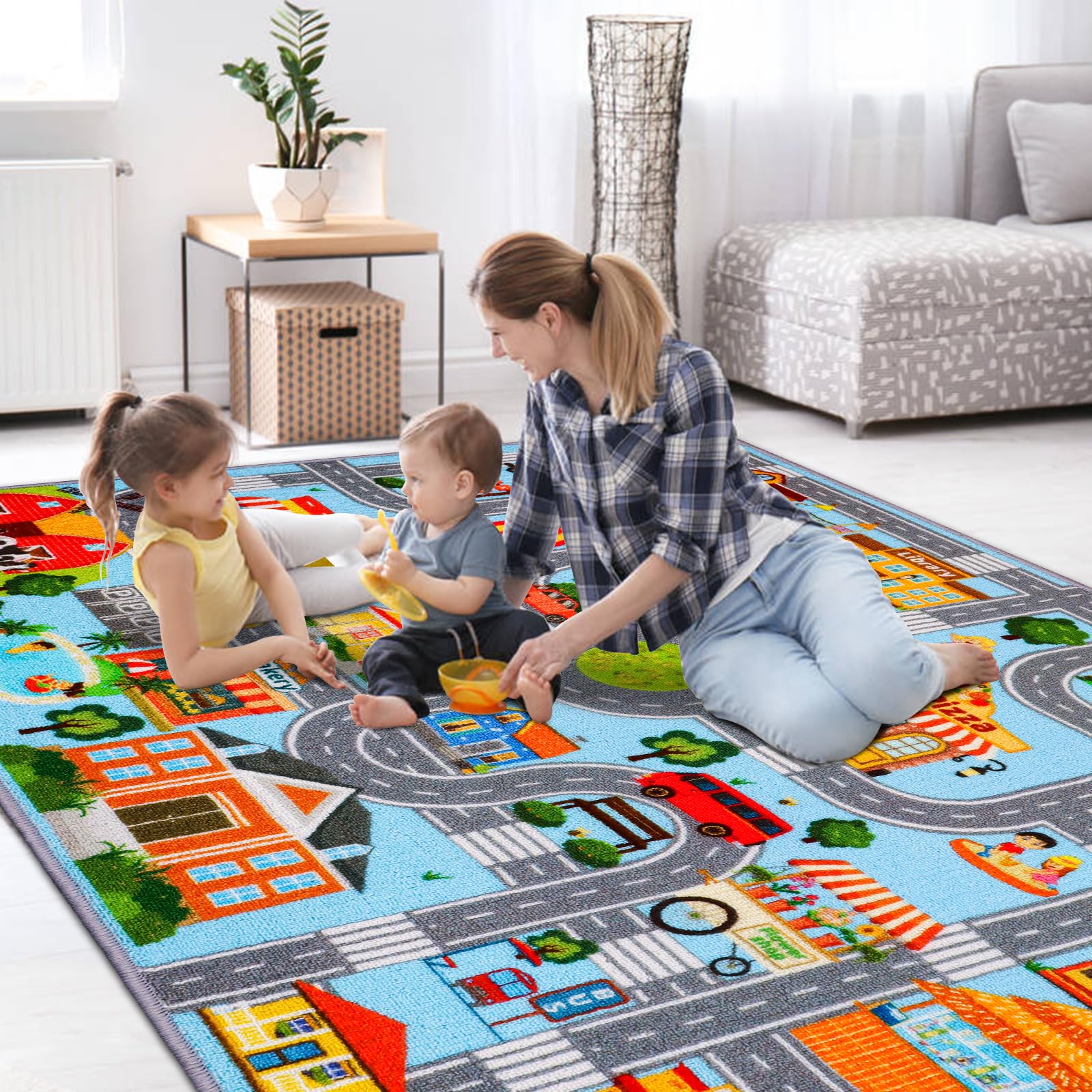 Autoteppich für Kinder, Kinder-Auto-Spielmatte, extra rutschfester Verkehrsstraßenteppich für Kinders, pädagogische Automatte mit Stadtplan für Spielzimmer, Jungen-Schlafzimmer (150X100CM, Blue Sky)