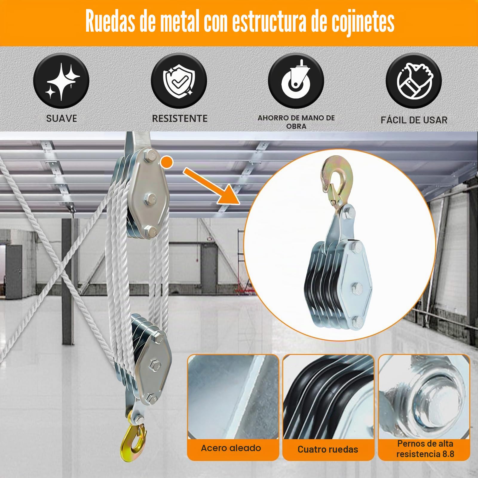 Roadtime Sistemas Polea Elevación Capacidad Máx 2200LBS, 20m Cuerda Nylon Cuerdas Elevación Manuales, 2.5m Altura Bloque Poleas para Levantamiento Cargas Pesadas,8:1 Polipasto Cable Polea de cuerda