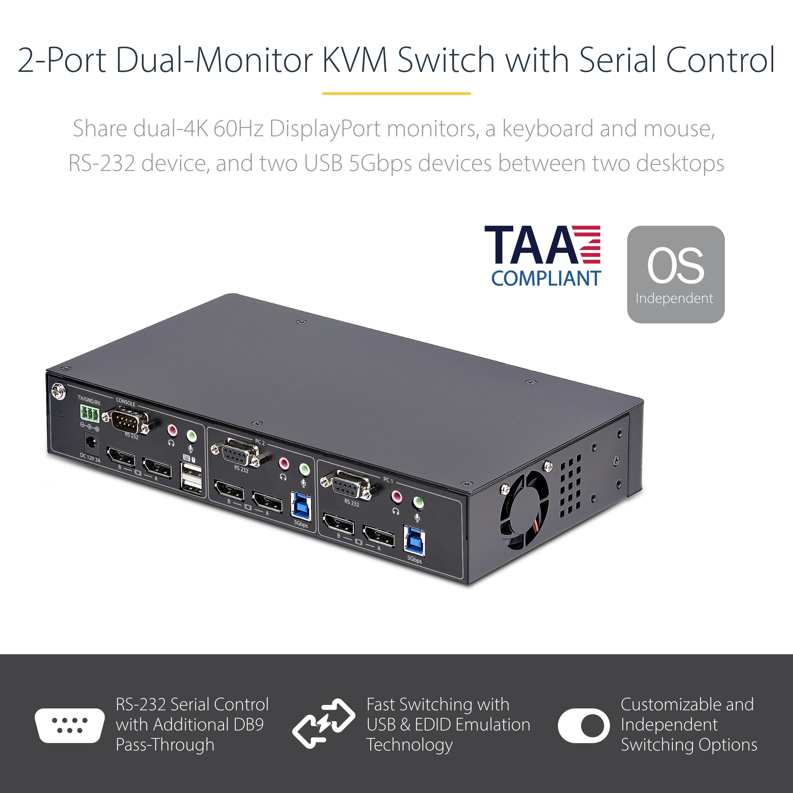 StarTech.com 2-Port Dual-Monitor DisplayPort KVM Switch, RS232 Serial Control, 4K 60Hz, 2X USB 5Gbps Hub Ports, 2X USB 2.0 HID Ports, Hotkey/Pushbutton Switching, TAA Compliant (P2DD46A22-KVM-SWITCH)