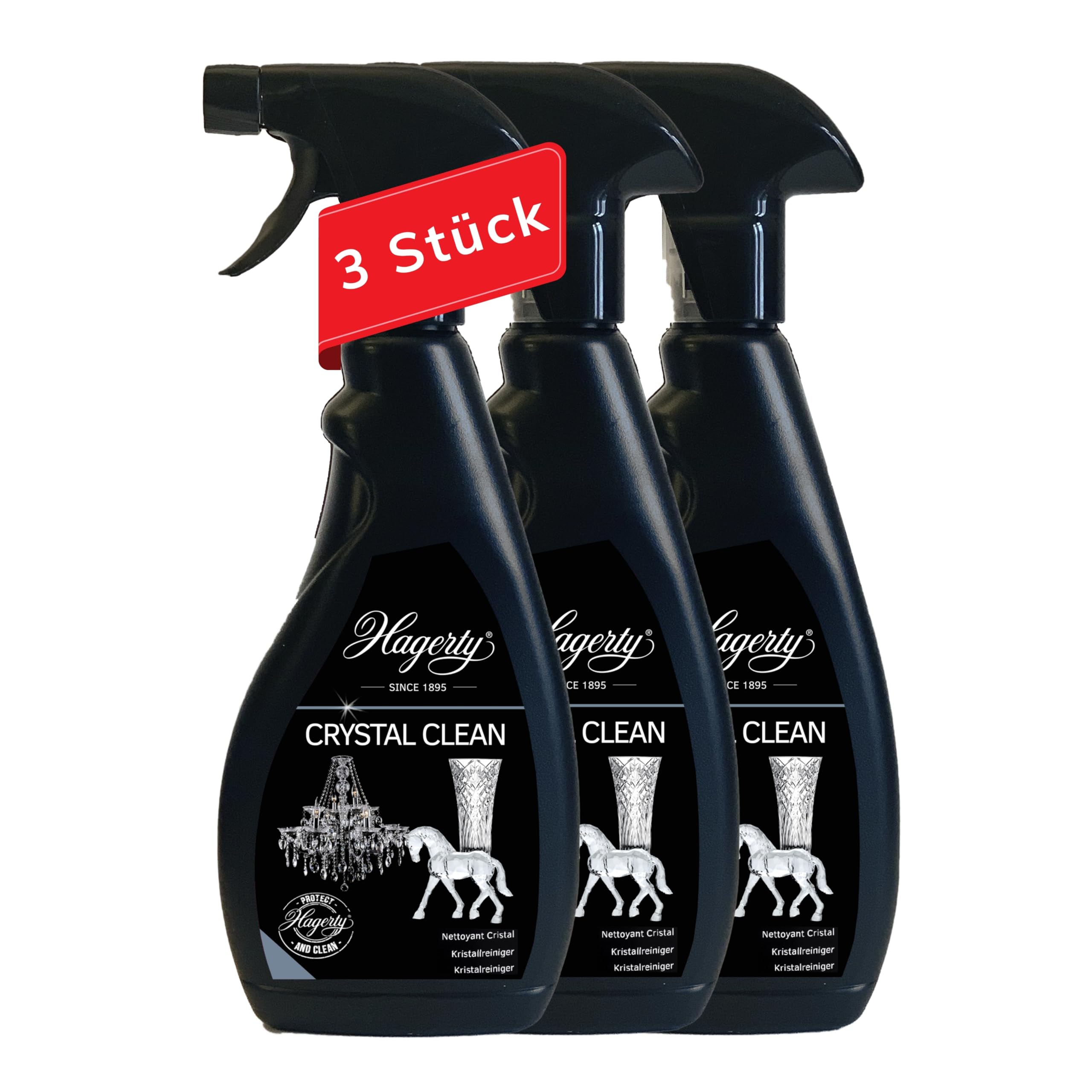 Hagerty Juego de 3 limpiadores de cristales en espray Crystal Clean, 500 ml, eficaz limpiador para lámparas de araña, spray de limpieza para la limpieza y cuidado sin esfuerzo de candelabros de