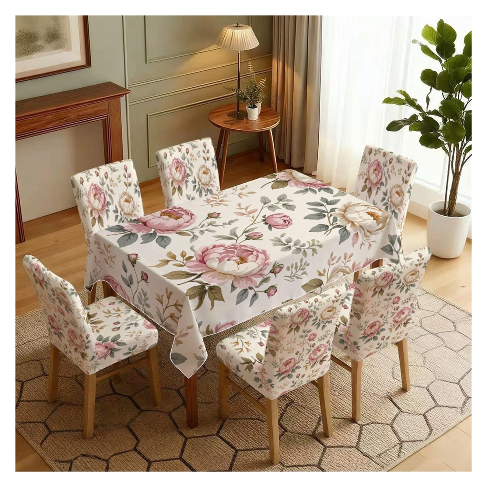 BOSUYBN Blush Peony Vintage Floral Dining Chair Covers & Tablecloth Set, 5/7 Piece Cottagecore Garden Slipcovers For Farmhouse Home Decor Table Setting(7pcs Set: Tablecloth+Chair Covers)