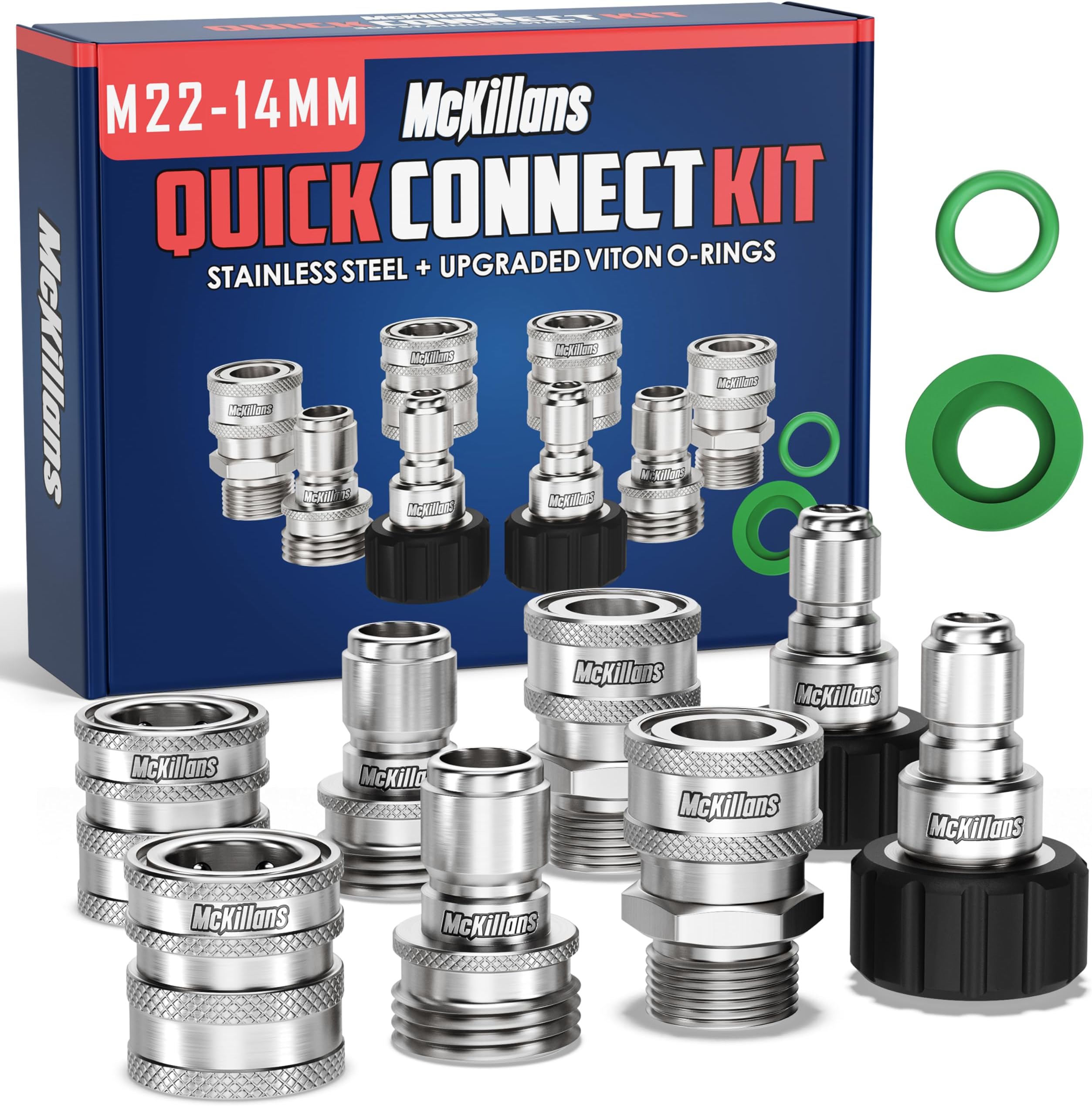 McKillans M22-14mm High Pressure Washer Quick Connect Kit, M22-14mm to 3/8" Male Female Quick Disconnect Kit for Power Washers (Stainless Steel)