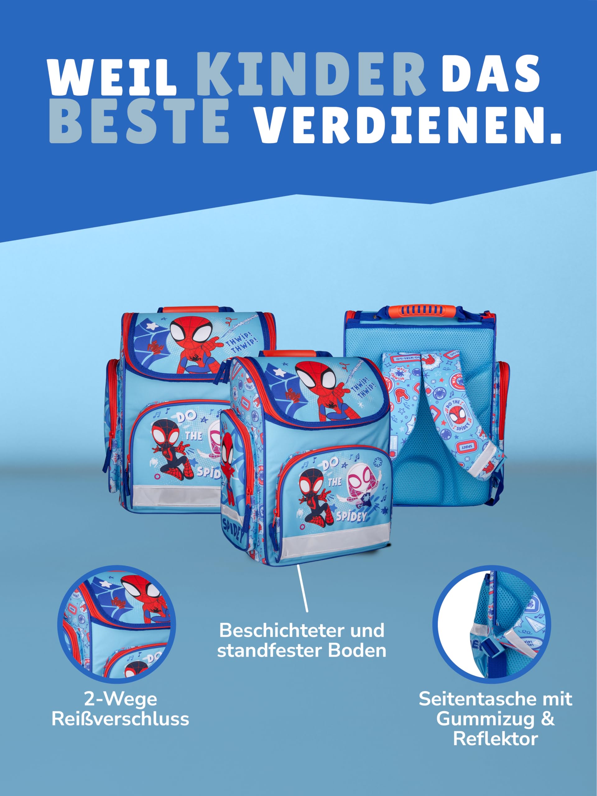 Familando - Schulranzen-Set für Spiderman Fans - Spidey & Friends - 6-teilig mit Sporttasche - Ergonomisch, stabil & mit gepolstertem Rücken - 930g leicht - 15L Volumen - Für Grundschule ab 1. Klasse