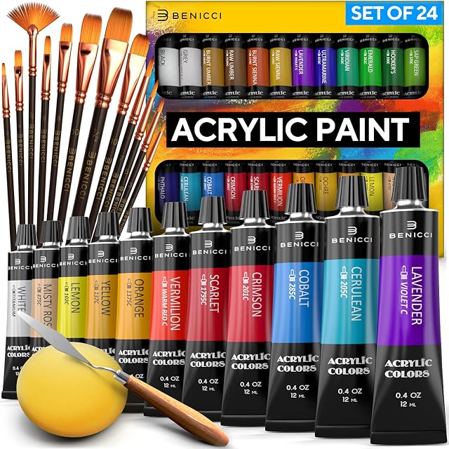 Complete Acrylic Paint Set  24 Rich Pigment Colors  12x Art Brushes with Bonus Paint Art Knife & Sponge  for Painting Canvas, Clay, Ceramic & Crafts, Non-Toxic & Quick Dry  for Kids & Everyone!