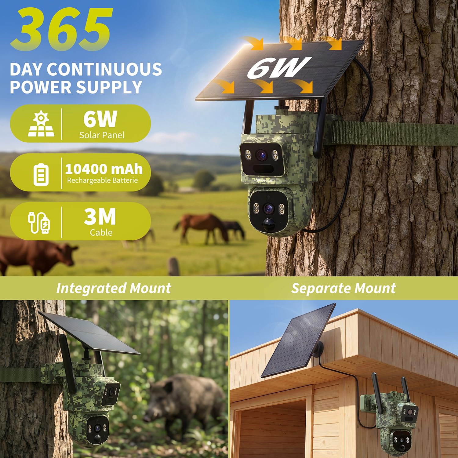 LEMNOI 4G Cámara de Vigilancia Exterior Solar con Dos Lentes, SIM Preinstalado Sin WiFi, 360° PTZ con Seguimiento Humano, Detección de Movimiento, 2K Visión Nocturna, Audio Bidireccional, IP66