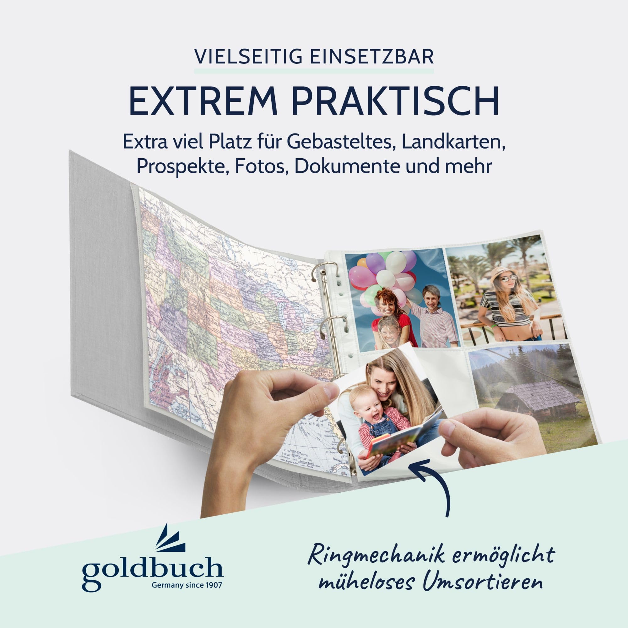 goldbuch 37919 Foto Ringbuch, Bella Vista, Foto Album 26 x 32 cm, Fotobuch Ordner aus Leinen, Fotoordner zum Selbstgestalten und Befüllen, Format DIN A4, ideal für Reise & Urlaub, Hellgrau