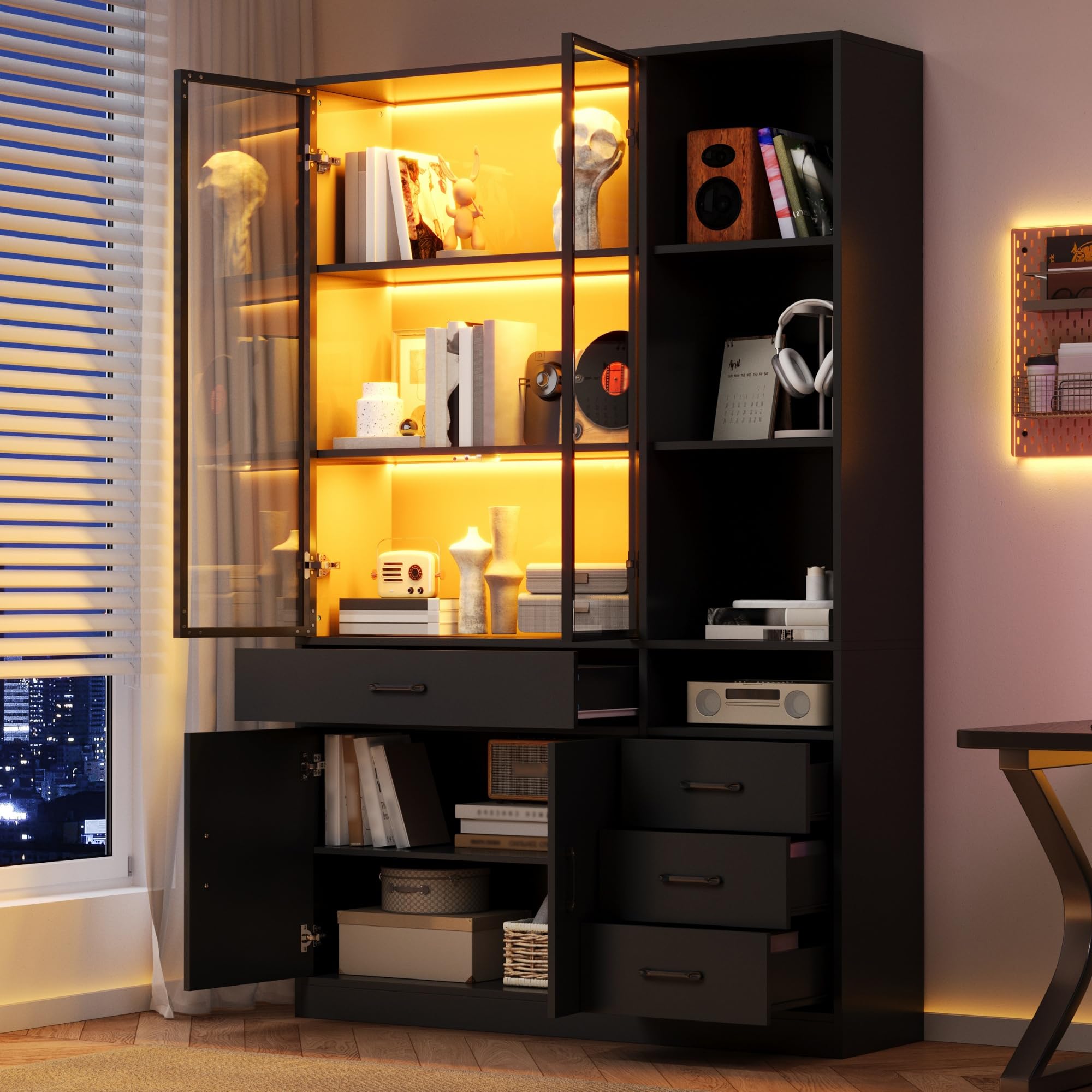 Armario alto con vitrina de cristal y LED, 120 x 35 x 200 cm, estantería con 13 zonas de almacenamiento, 4 cajones y puertas, vitrinas, armarios, para comedor y salón (negro)