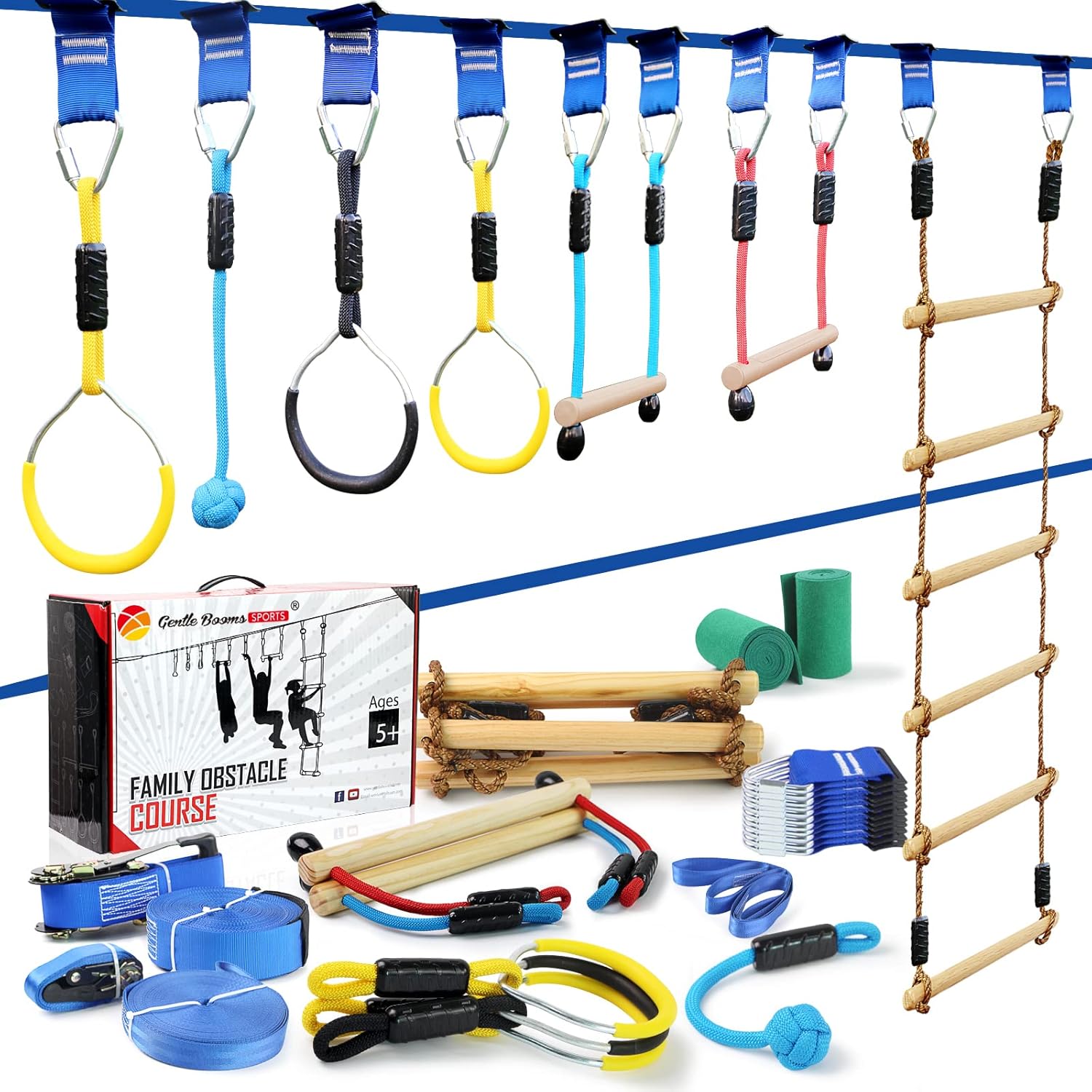 Ninja Warrior Line Obstacle Course for Kids with 3 Play Modes -2×56ft Slackline Ninja Kit Line, Anti-Slip Ninja Slider Slackline Pulley with 50FT Zipline ，Zip Lines for Kids and Adults : Toys & Games