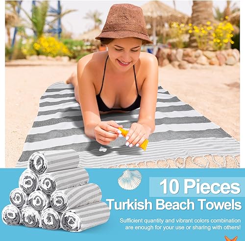 Miniatura 3 de Oudain 10 toallas turcas de playa de algodón a granel de secado rápido, 71 x 40 pulgadas, ligeras, sin arena, con borlas a rayas, para ducha,