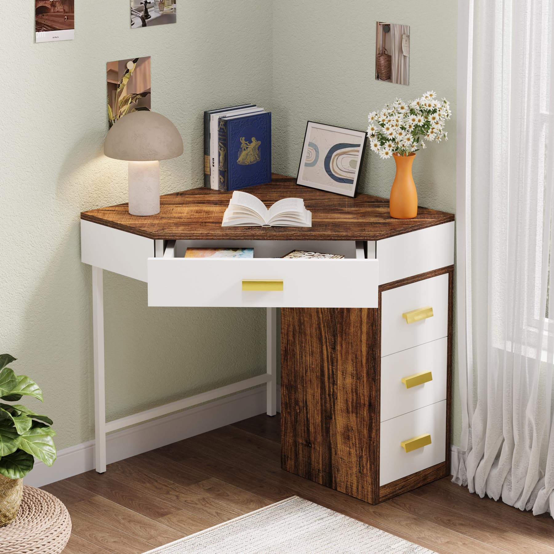 Tribesigns Scrivania Angolare con 4 Cassetti, Scrivania per Computer Salvaspazio a 90°, Scrivania Ufficio con Contenitore, Tavolo PC per Studio, Camera da Letto, Soggiorno, Marrone/Bianco