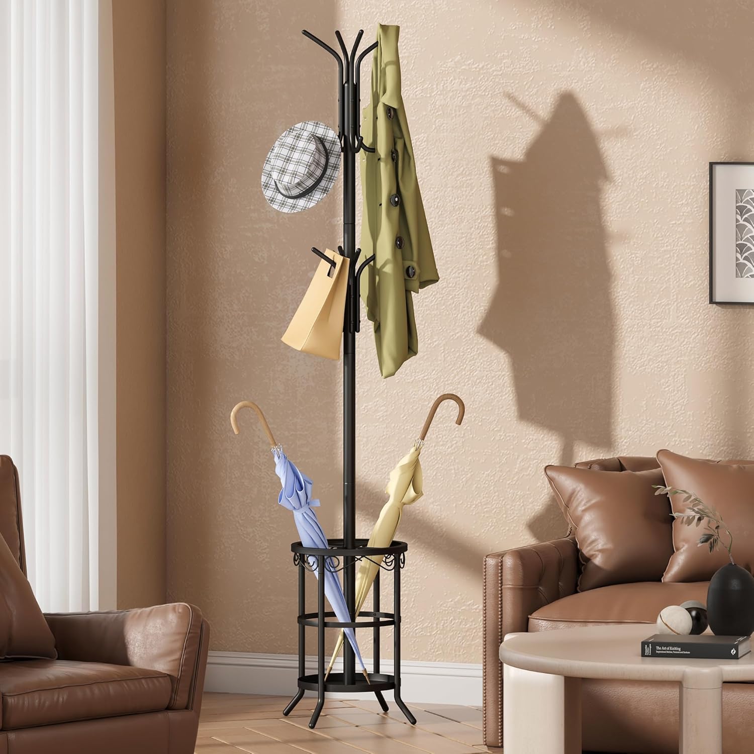 GHWIE Freestanding Coat Rack Stand with Umbrella Holder and Hat Hanger Organizer Rack
