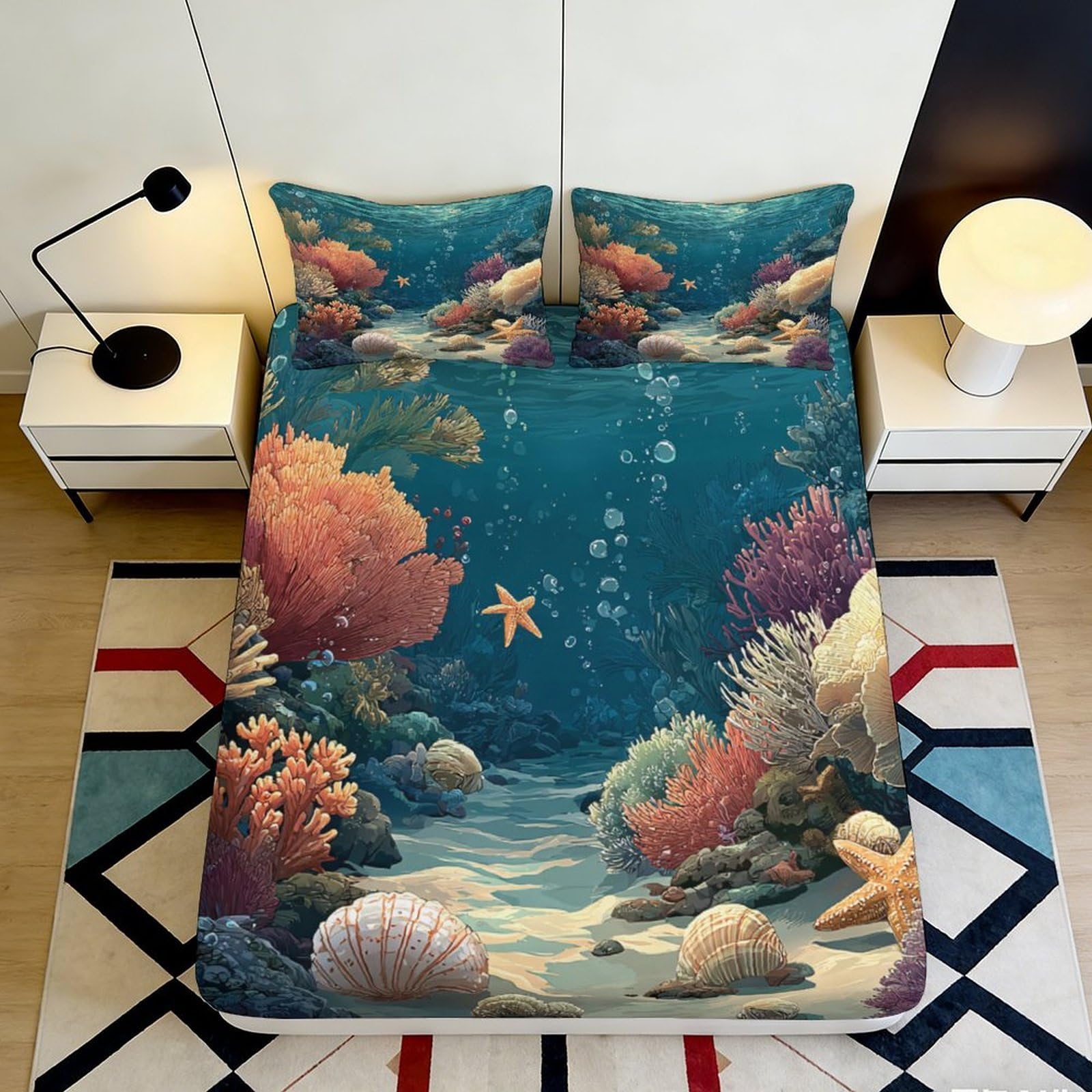 Zfldkwgb Style-2 3D Printed Underwater Coral Fitted Sheet Microfiber Soft Mattress Cover Ocean Marine Starfish Bed Decor For Bedroom 90X200x25cm