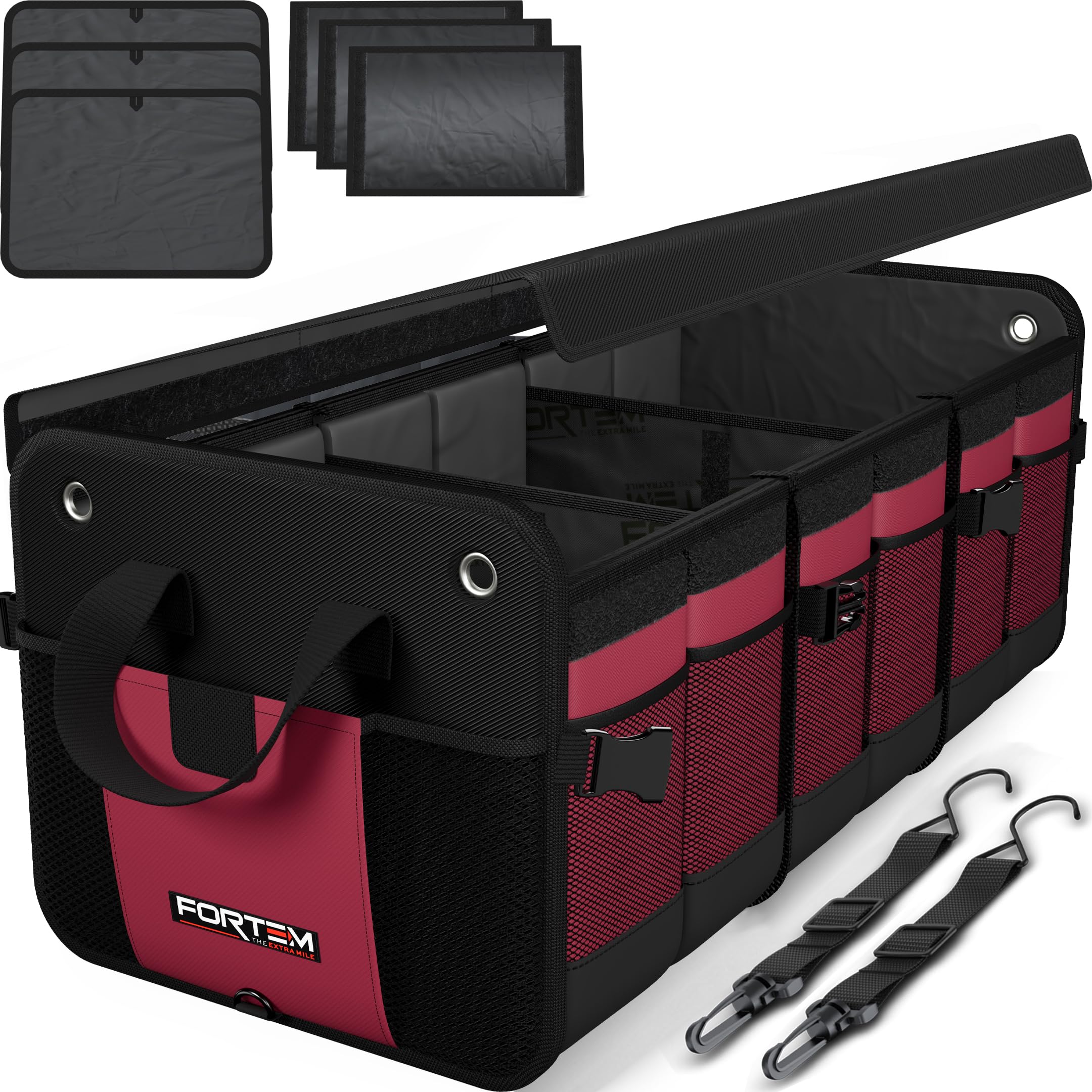 FORTEM Car Boot Organiser, SUV Boot Tidy, Trunk Storage, Collapsible Multi Compartment Car Organiser, Non Slip Bottom, Adjustable Securing Straps, Foldable Cover (90L)