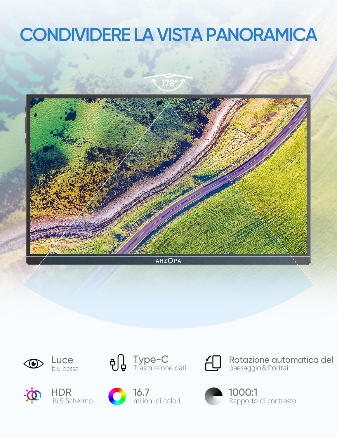 ARZOPA Monitor Portatile, 14,0 Pollici Portable Monitor, 1920x1080 FHD, IPS con HDMI/Type-C/USB-C, Mini Schermo Portatile, Doppio Altoparlante Integrato per laptop/PC/Mac/PS5 /Xbox