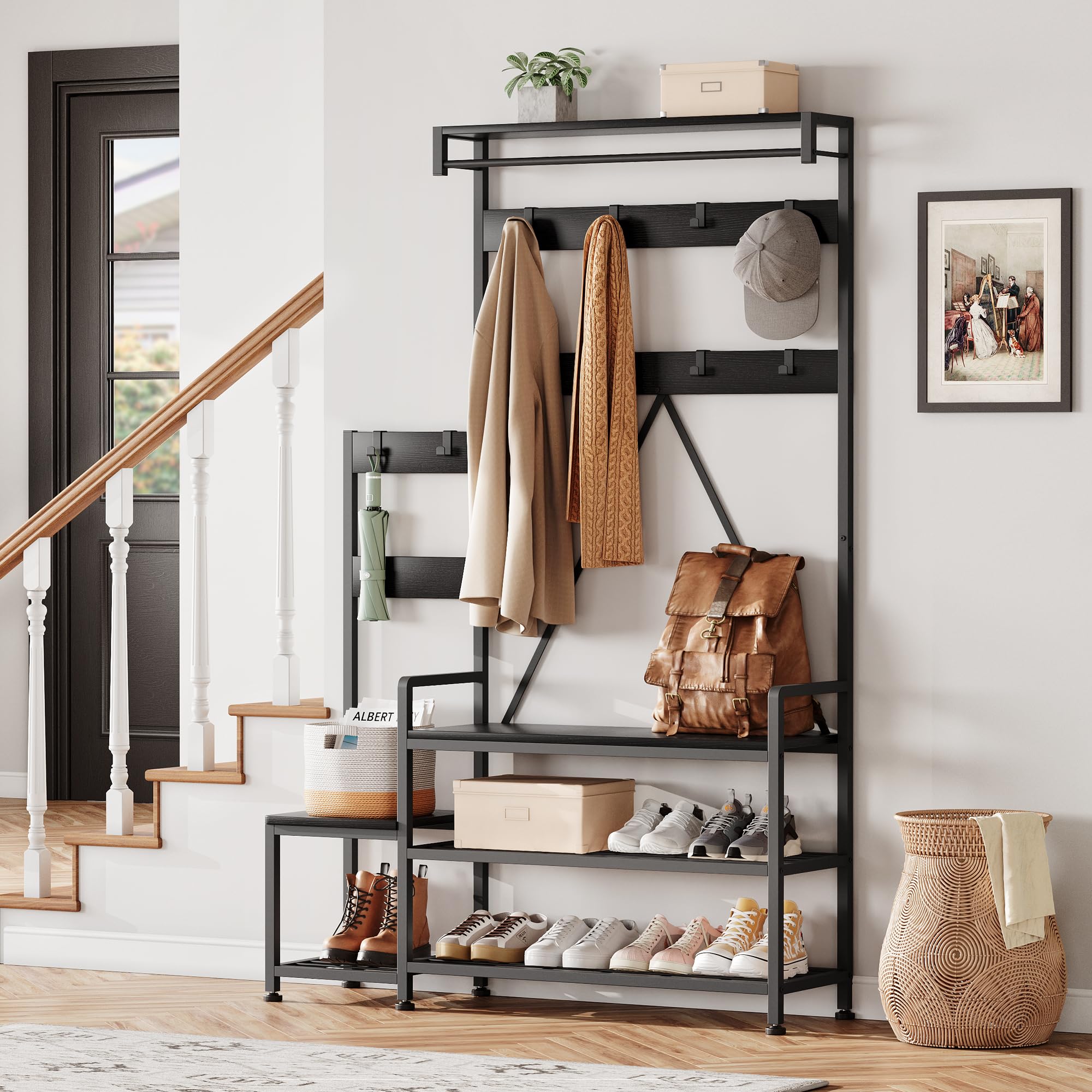 70.8"h Industrial Shoe and Coat Rack for Hallway with Bench & Shoe Storage