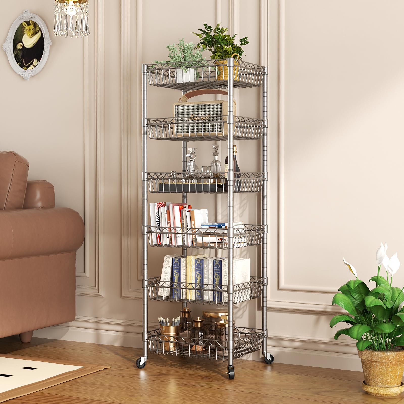 SINGAYE Estantería de almacenamiento ajustable de 6 niveles, unidades de pie con ruedas, organizadores de estantería de alambre, despensa de metal, cocina, lavandería, 34.3 cm de profundidad x 34.3 cm