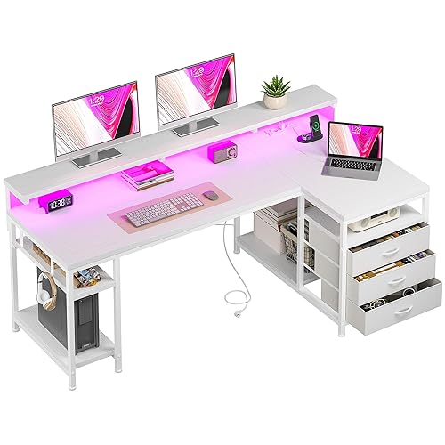Klyvvo Bureau d'angle avec Rangement 3 Tiroirs, 140x80 Grand Bureau Gaming en L avec LED, Support d'écran,Port de Chargement USB et Prise de Courant,Table pour Travailler et Jouer,Bureaux à HomeOffice - 140 x 80 cm - Blanc