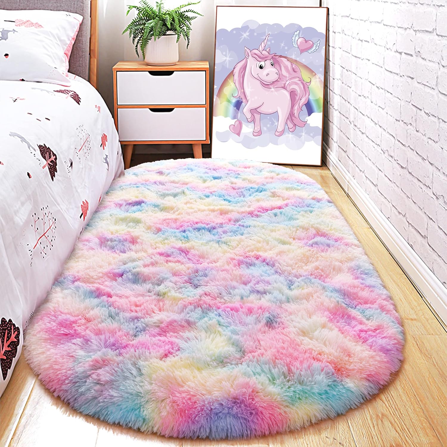 junovo Fluffy Rainbow Oval Rug and Oval Grey Fluffy Ultra Soft Area Rugs for Bedroom Kids Room Girls Room Teen Dorm Baby Nursery Home Decor 2.6 x 5.3ft