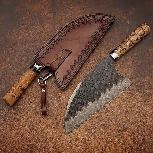 Miniatura 2 de Cuchillo chino VG10 Damasco de acero para cocina, 8.5 pulgadas profesional hecho a mano con mango de madera estabilizado Burl para carne y verduras