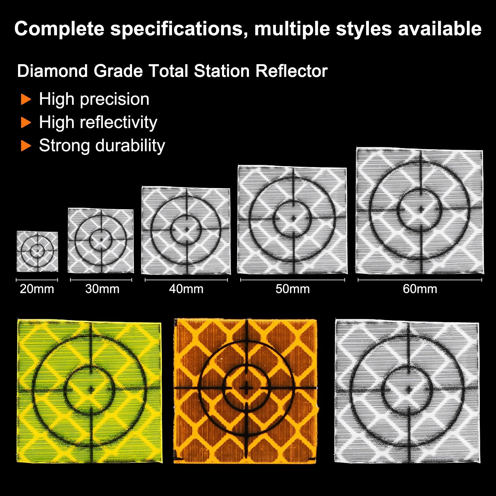 QUARKZMAN 80Pezzi Fogli Riflettenti per Rilevamento 60mm X 60mm Adesivi Target Autoadesivo per Topografia Nastro Riflettente per Stazione Totale Ispezione Navale Misurazione Gallerie Argento