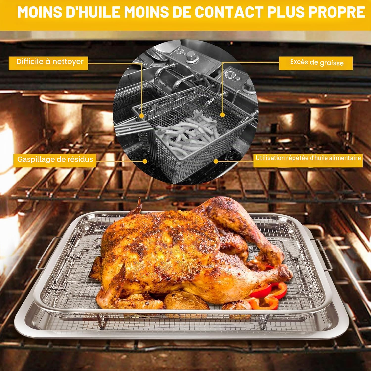 Plaque de cuisson en acier inoxydable avec grille de refroidissement (39,2 x 29,3 x 5,5 cm) - Antiadhésive pour les biscuits, les grillades et le refroidissement - Non toxique et facile à